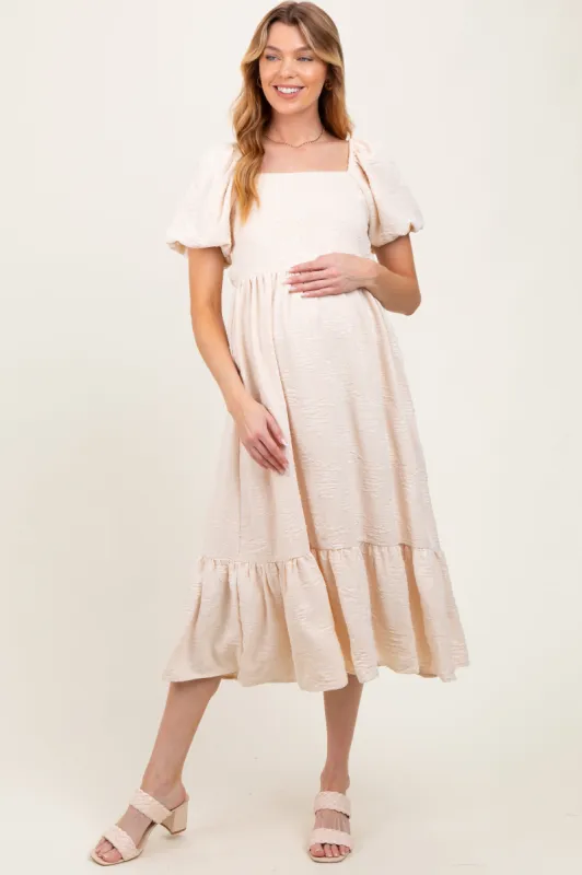 Cream Textured Square Neck Puff Sleeve Maternity Midi Dress sold by Pinkblush