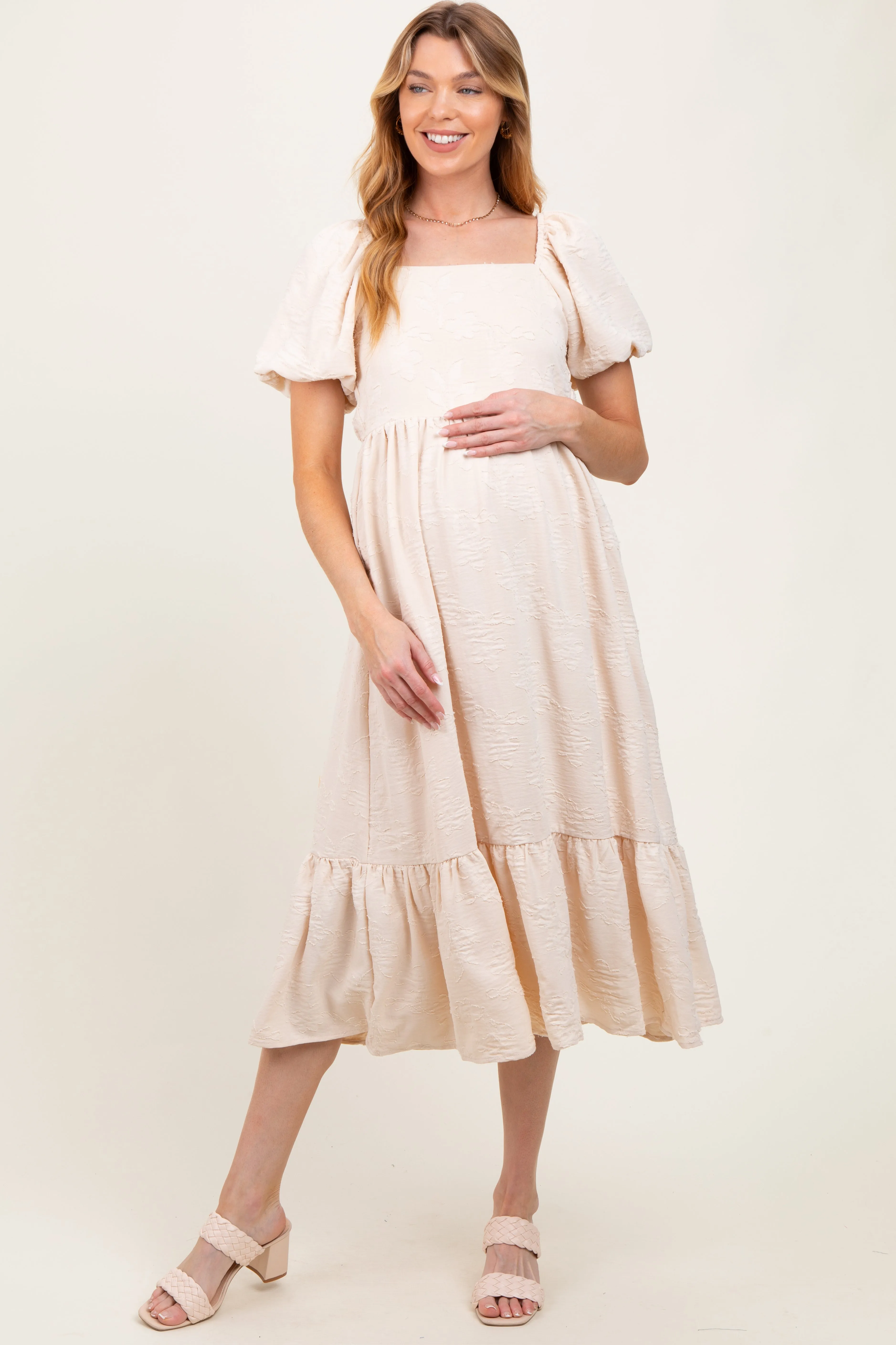 Cream Textured Square Neck Puff Sleeve Maternity Midi Dress sold by Pinkblush