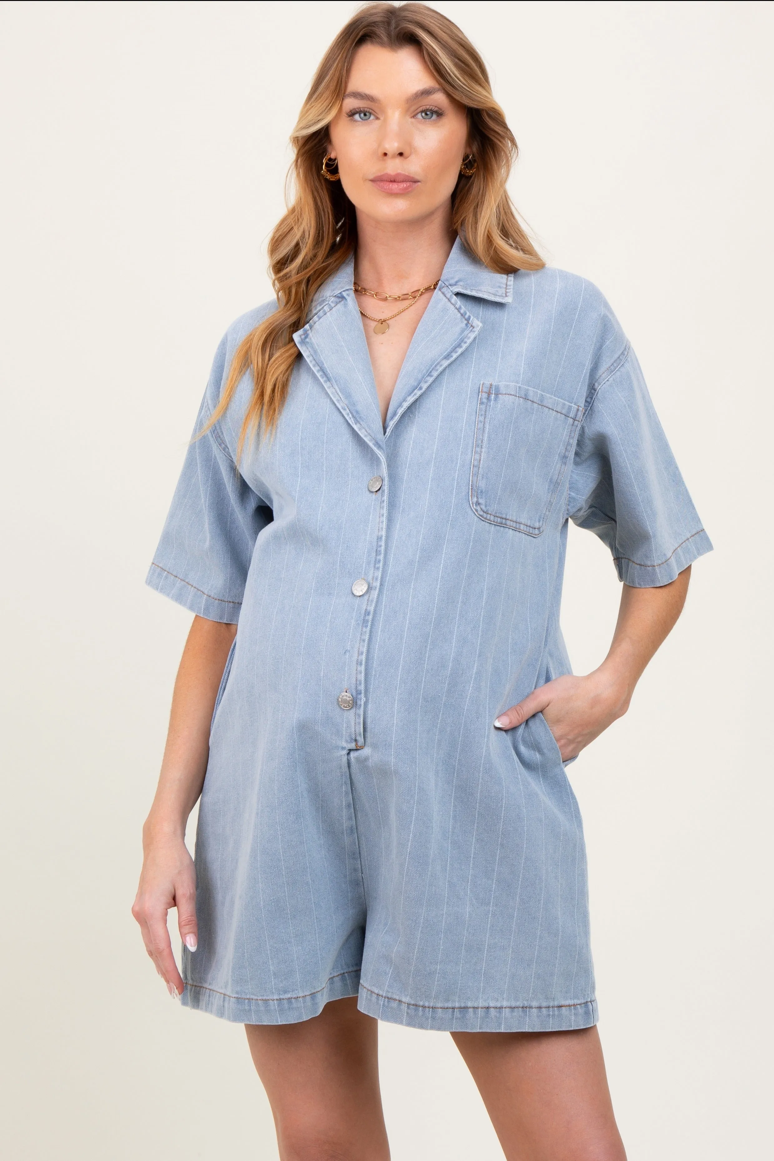 Blue Denim Striped Short Sleeve Maternity Romper sold by Pinkblush product image thumbnail 2