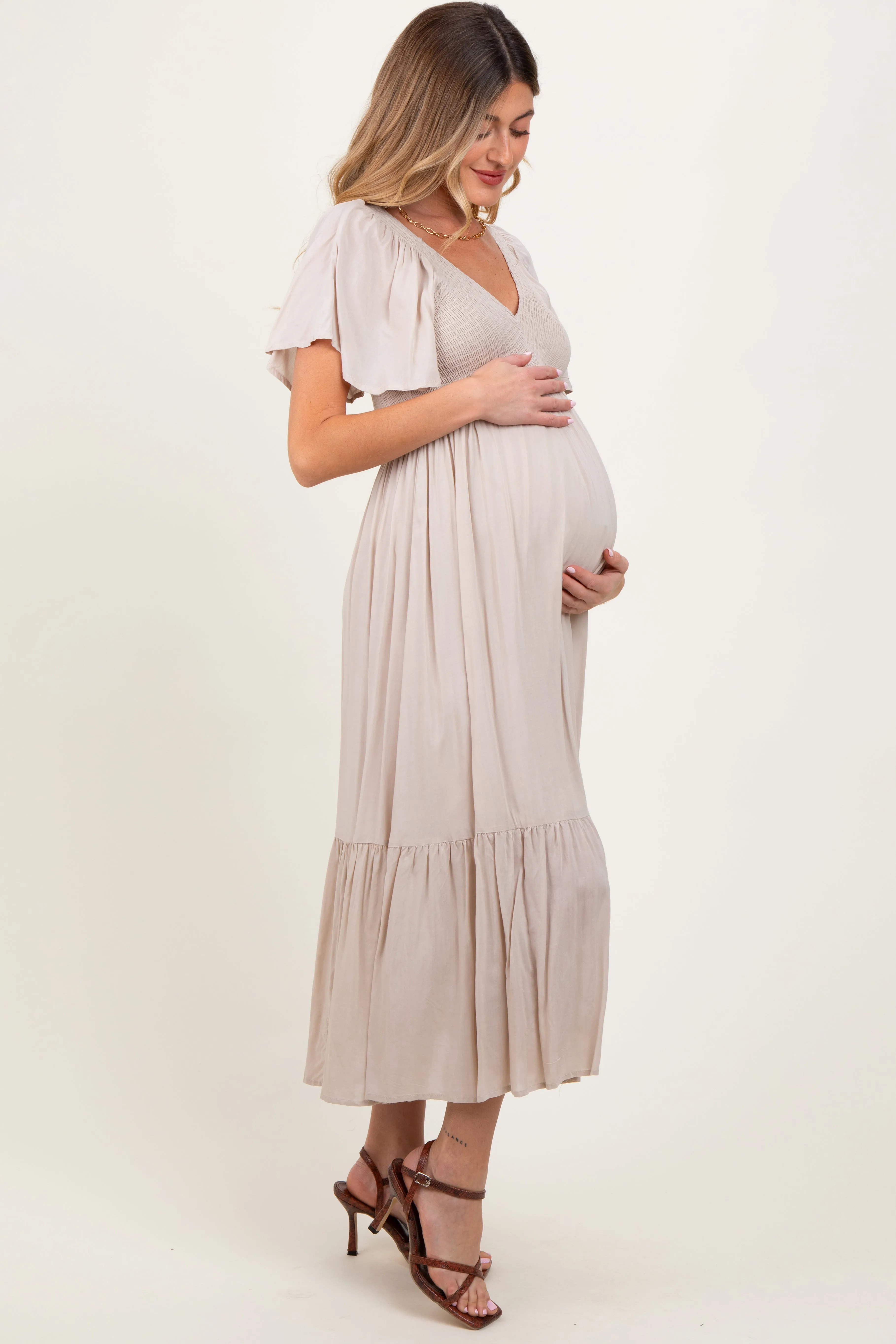 Cream Smocked Flutter Sleeve Midi Dress sold by Pinkblush product image thumbnail 2