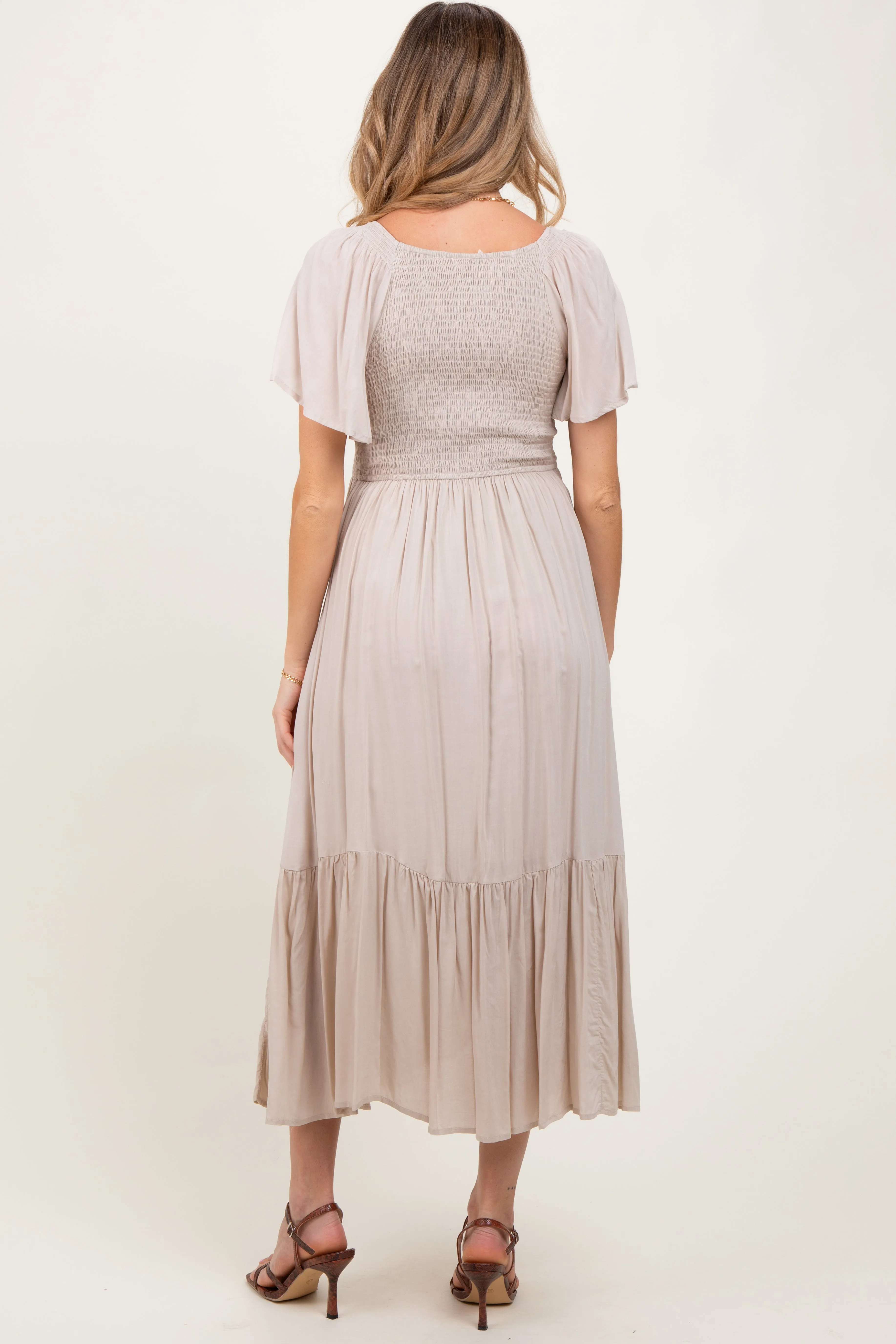 Cream Smocked Flutter Sleeve Midi Dress sold by Pinkblush product image thumbnail 3