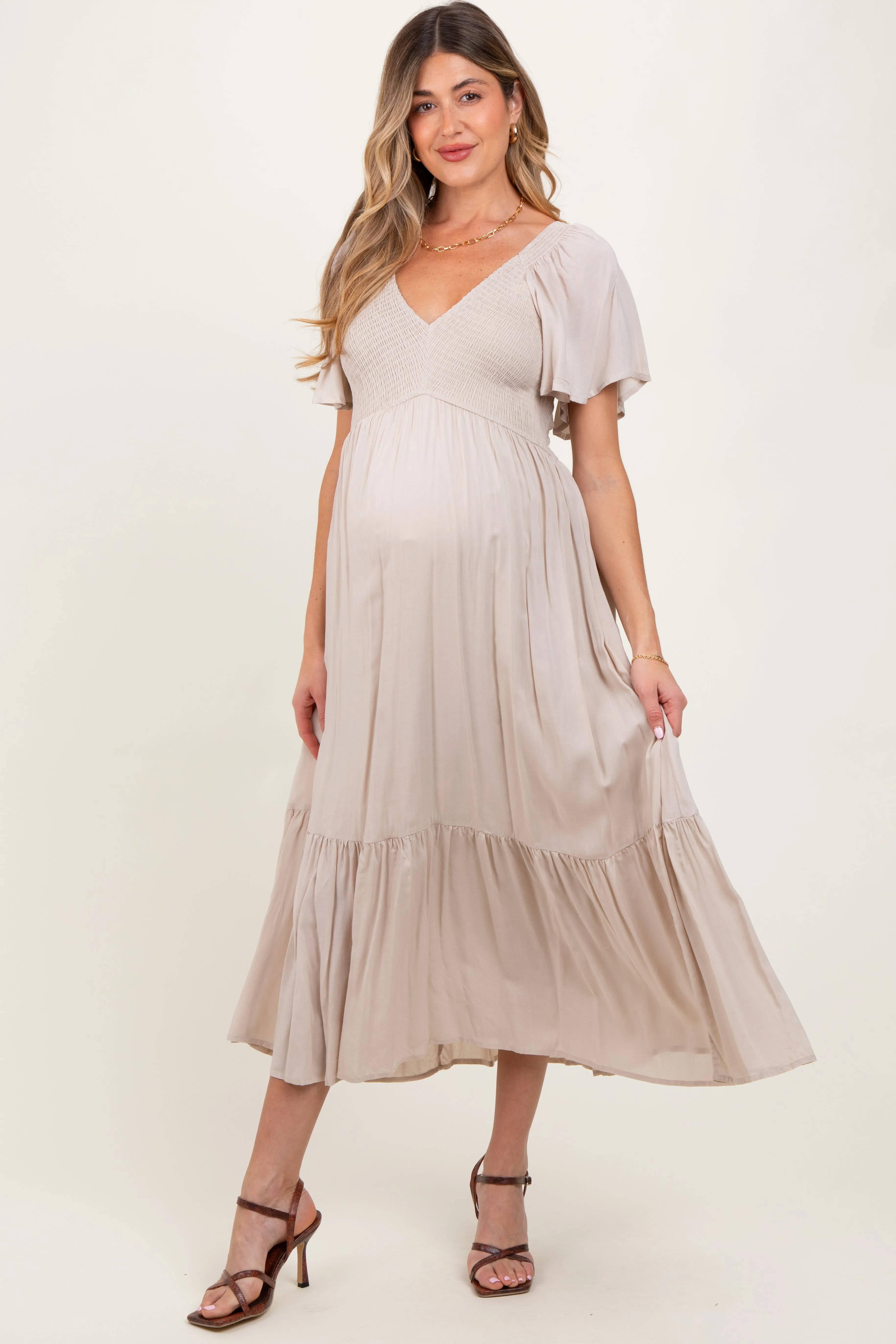 Cream Smocked Flutter Sleeve Midi Dress sold by Pinkblush