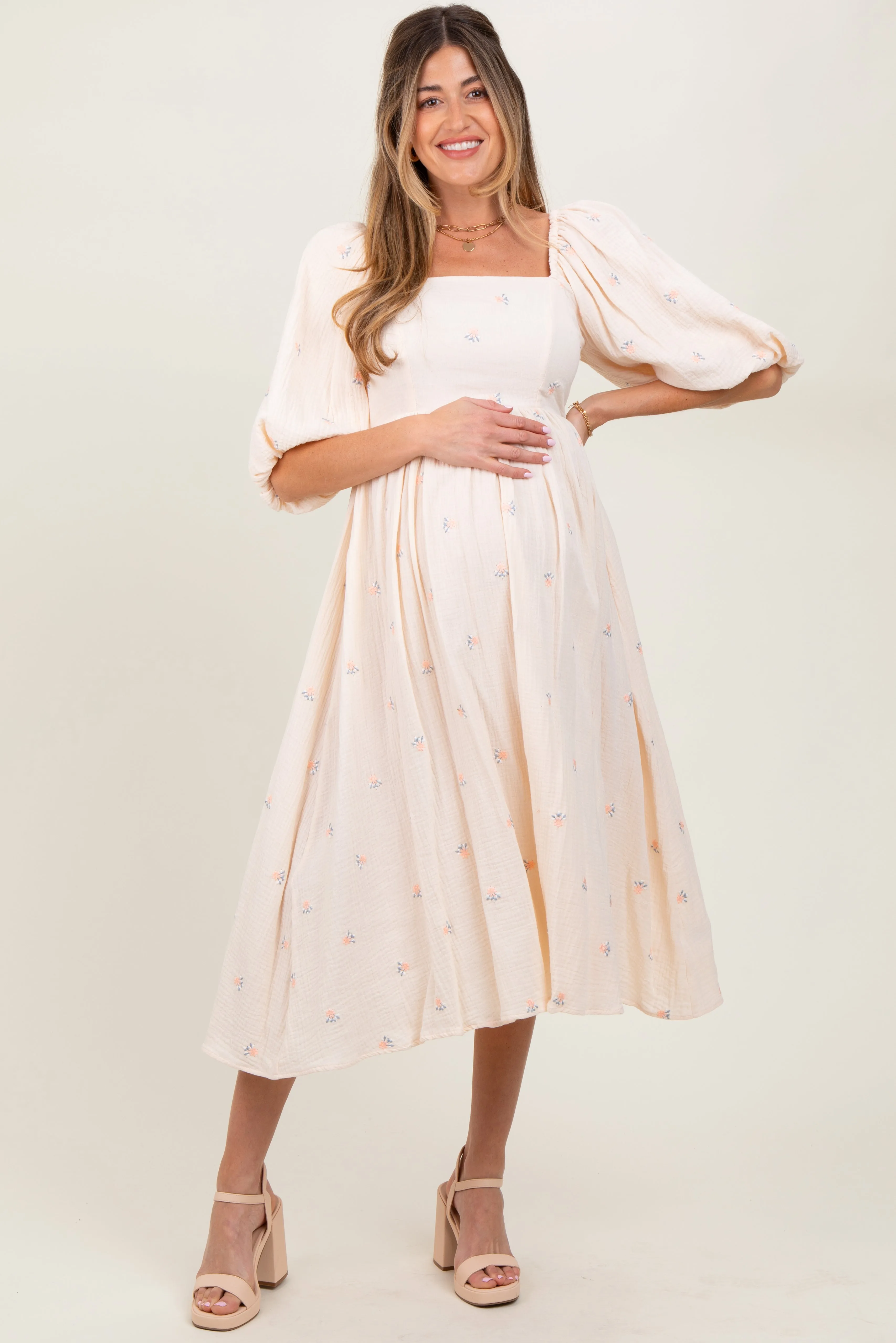 Cream Floral Maternity Midi Dress sold by Pinkblush