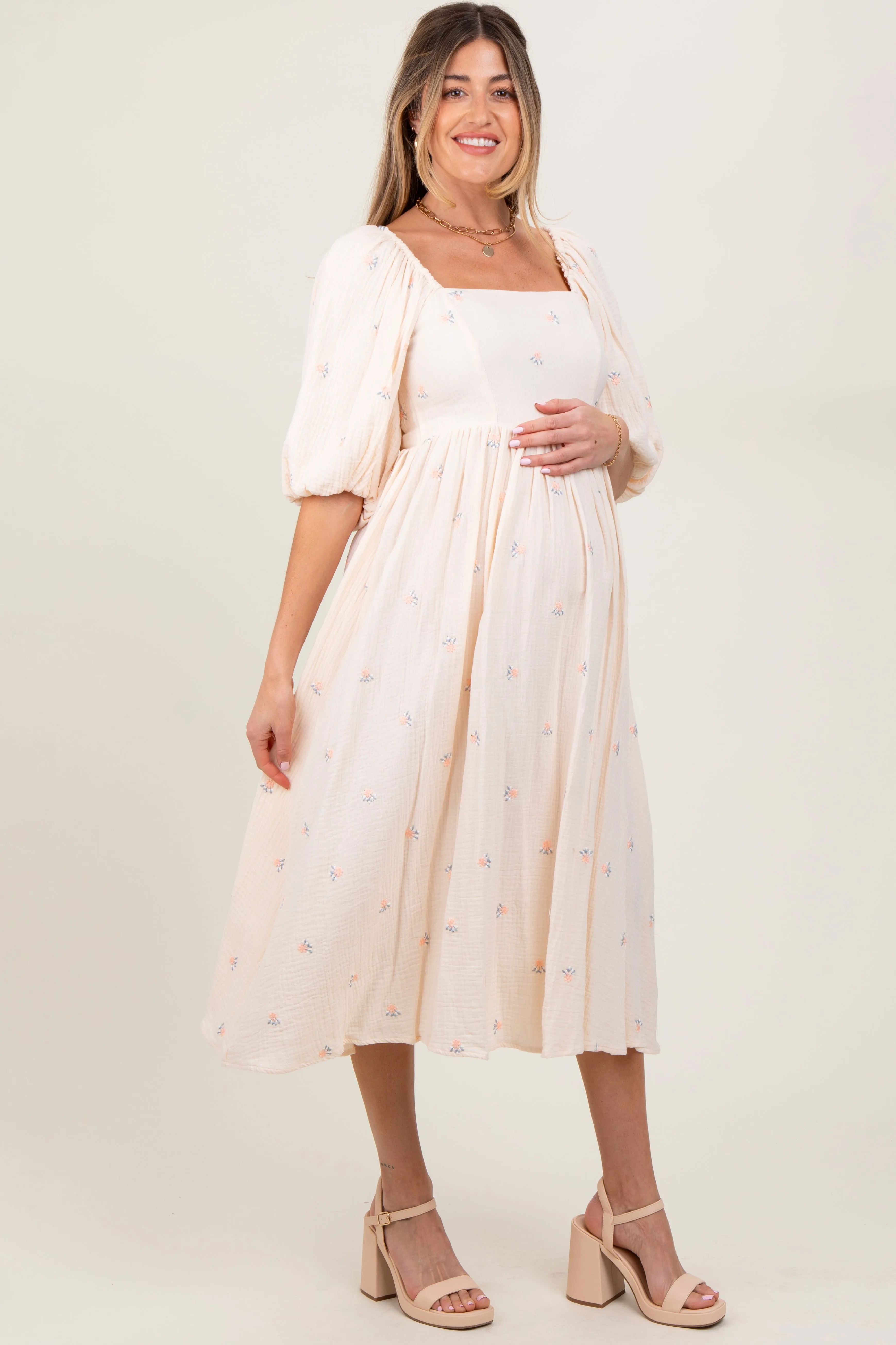 Cream Floral Maternity Midi Dress sold by Pinkblush product image thumbnail 2