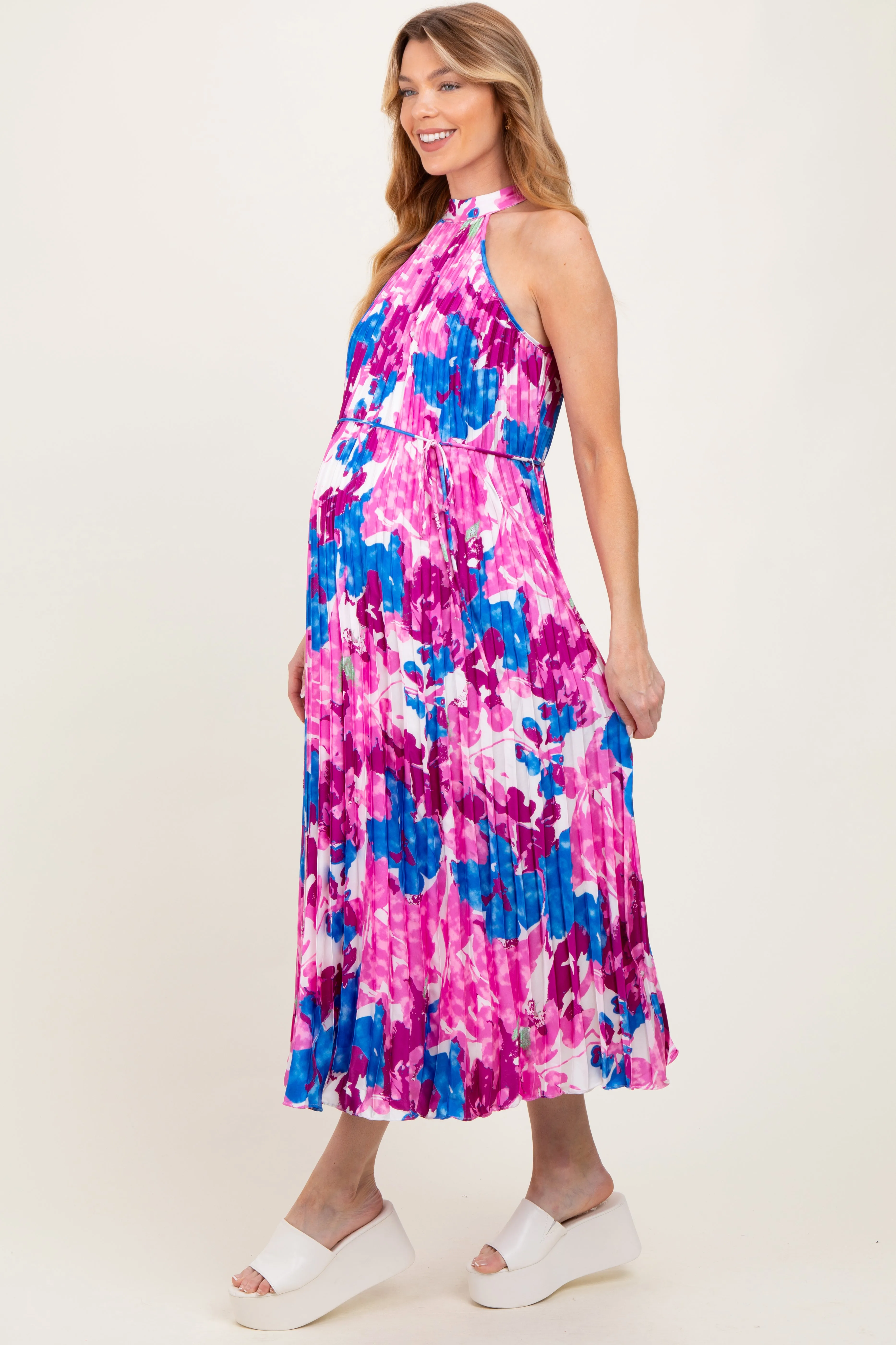 Magenta Floral Satin Pleated Halter Neck Maternity Midi Dress sold by Pinkblush product image thumbnail 3