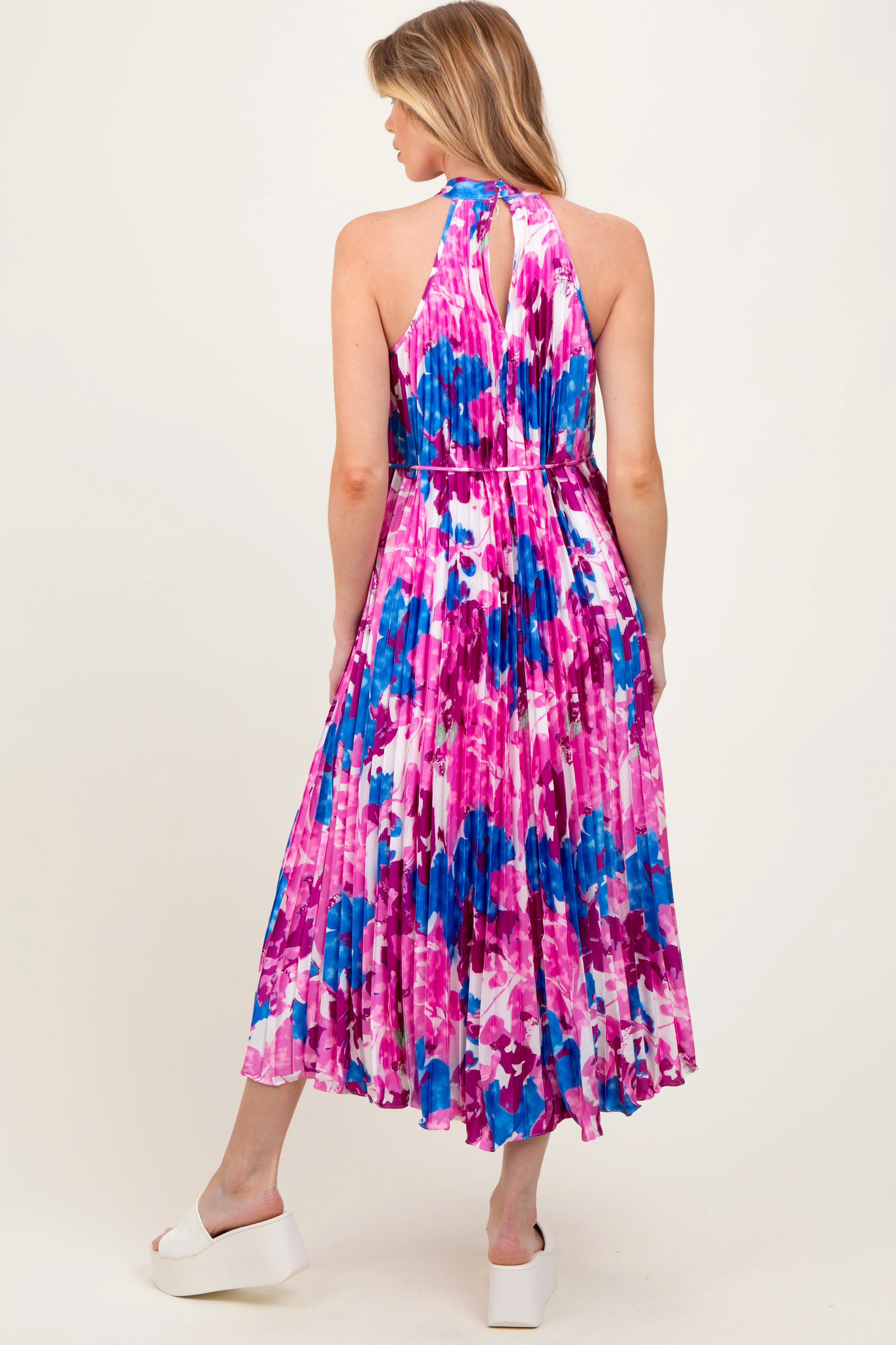 Magenta Floral Satin Pleated Halter Neck Maternity Midi Dress sold by Pinkblush product image thumbnail 4