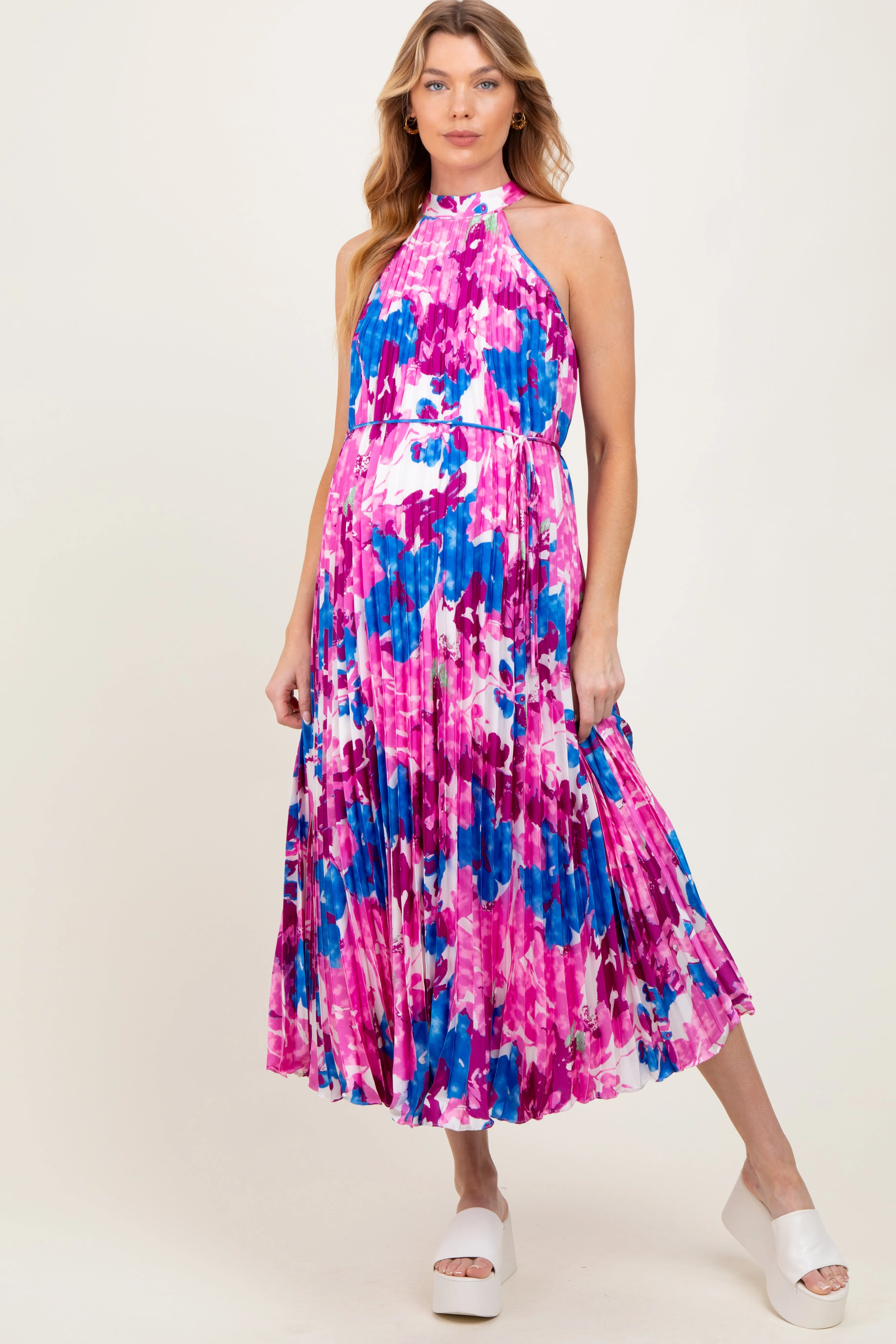 Magenta Floral Satin Pleated Halter Neck Maternity Midi Dress sold by Pinkblush