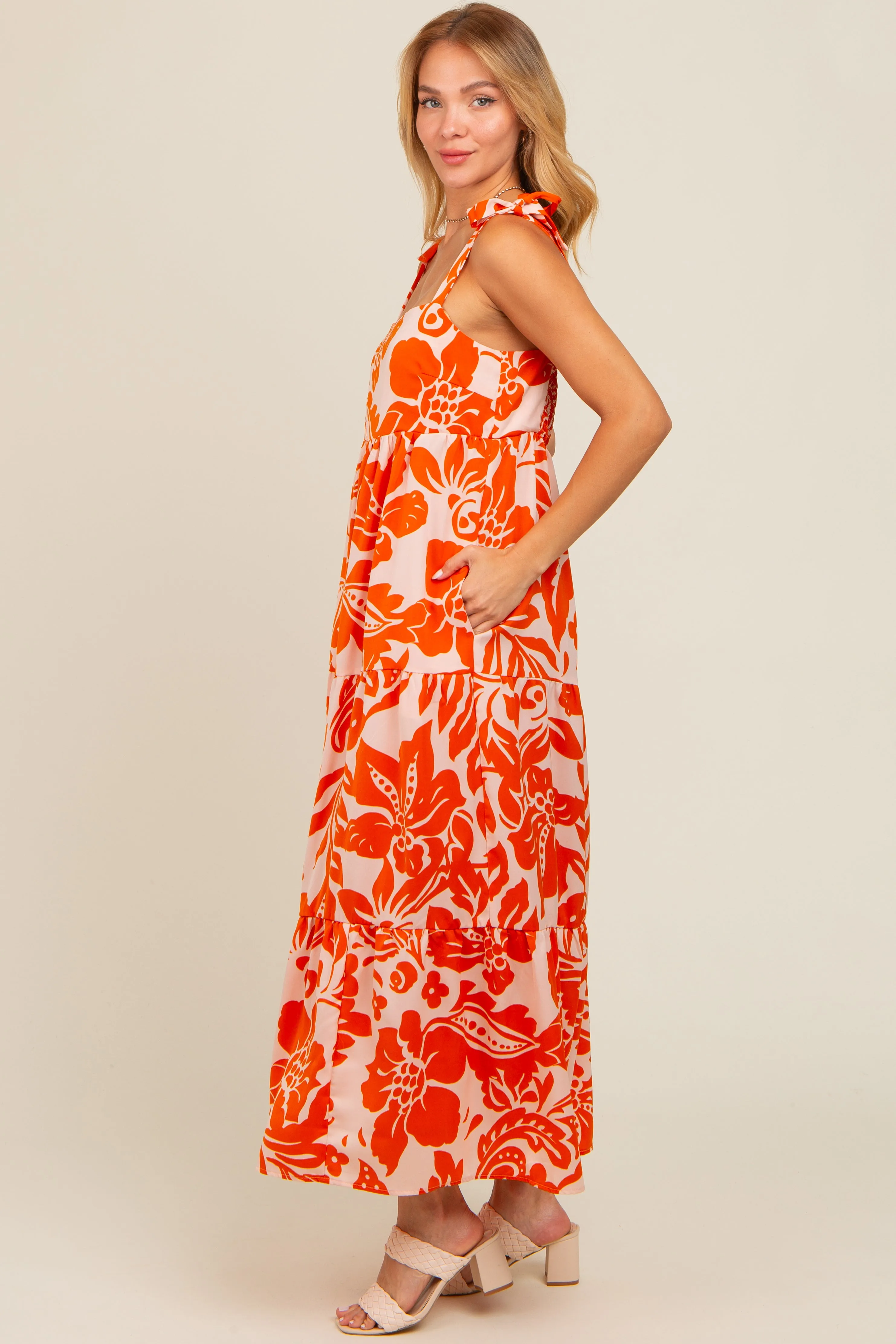 Orange Tropical Floral Shoulder Tie Tiered Midi Dress sold by Pinkblush product image thumbnail 2