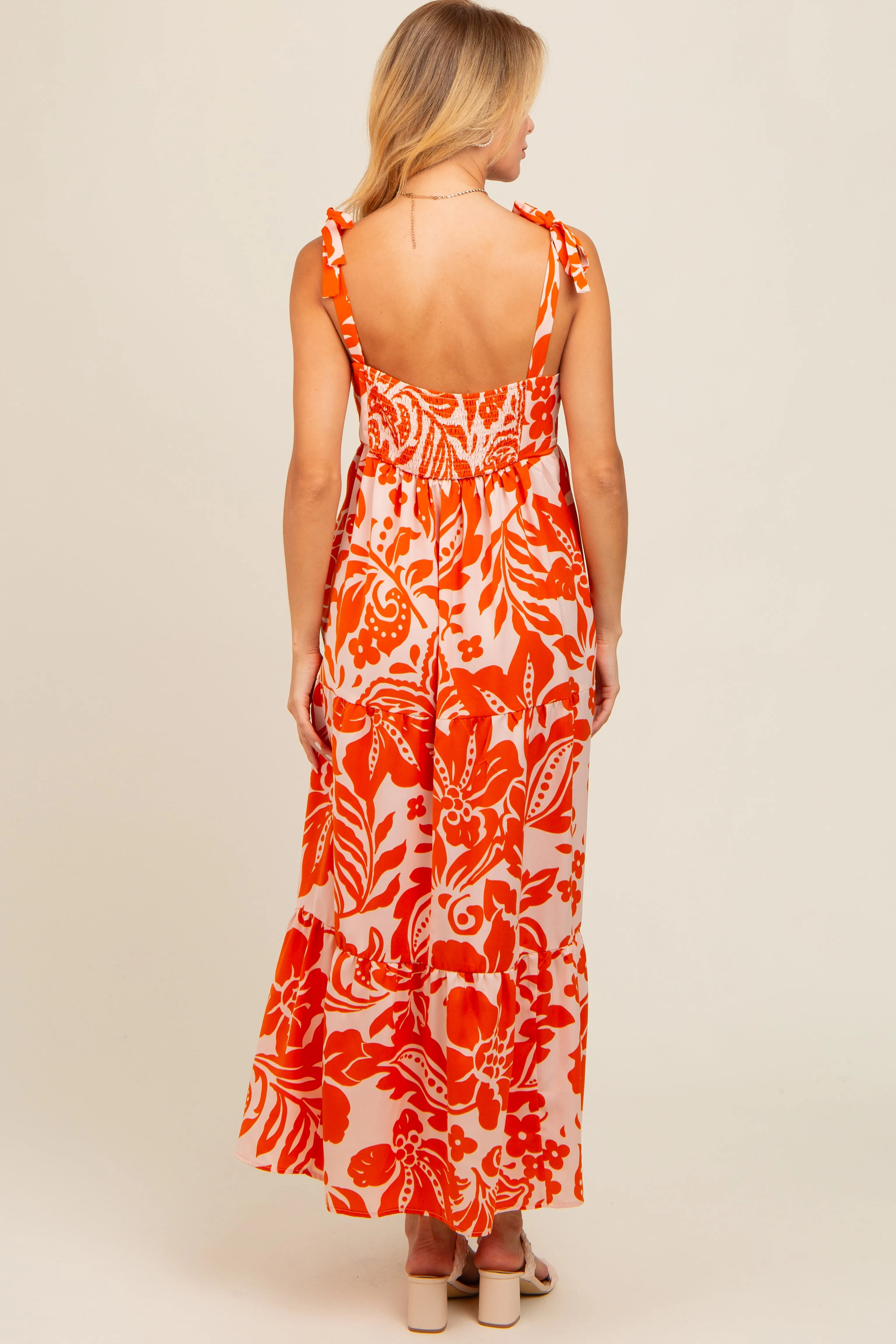 Orange Tropical Floral Shoulder Tie Tiered Midi Dress sold by Pinkblush product image thumbnail 3