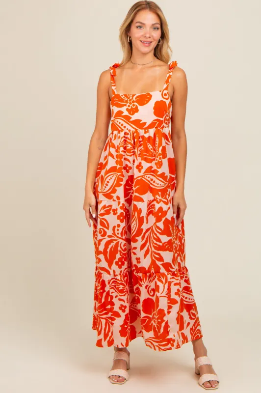 Orange Tropical Floral Shoulder Tie Tiered Midi Dress sold by Pinkblush