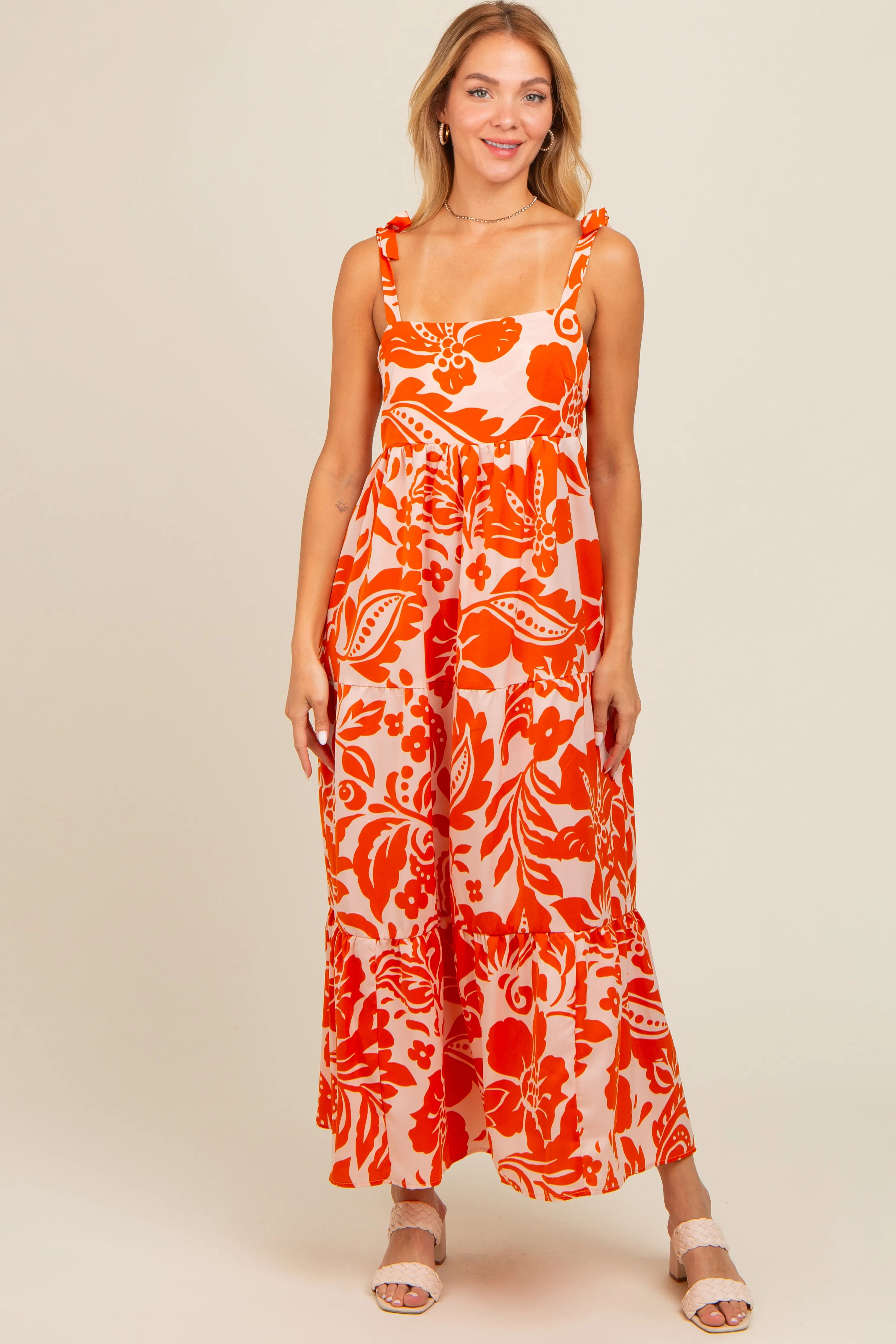 Orange Tropical Floral Shoulder Tie Tiered Midi Dress sold by Pinkblush
