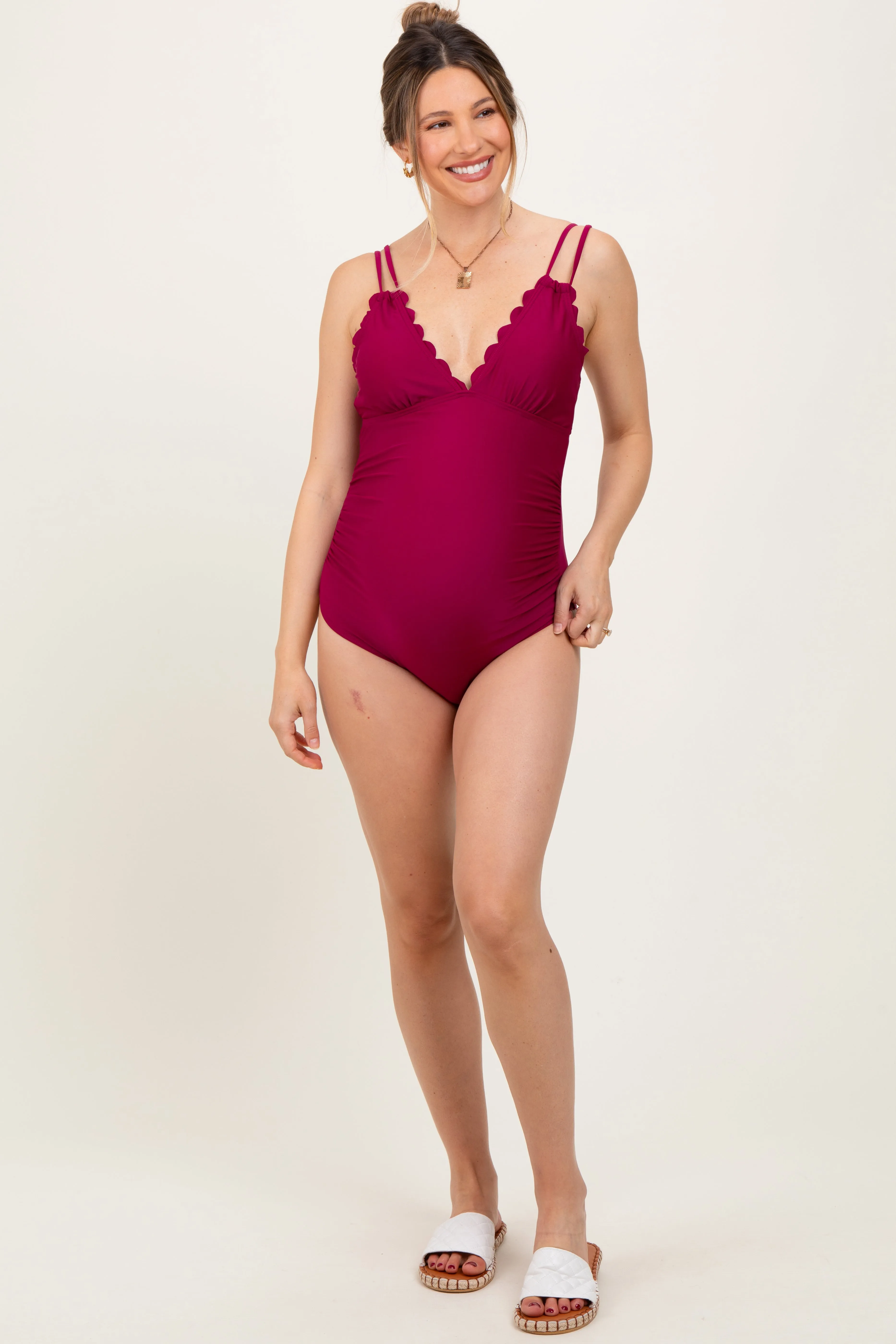 Burgundy Scalloped V-Neck Back Tie Cutout Maternity One Piece Swimsuit sold by Pinkblush product image thumbnail 2