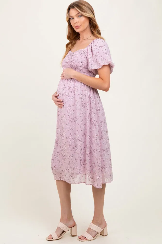 Lavender Floral Smocked Short Sleeve Maternity Midi Dress sold by Pinkblush