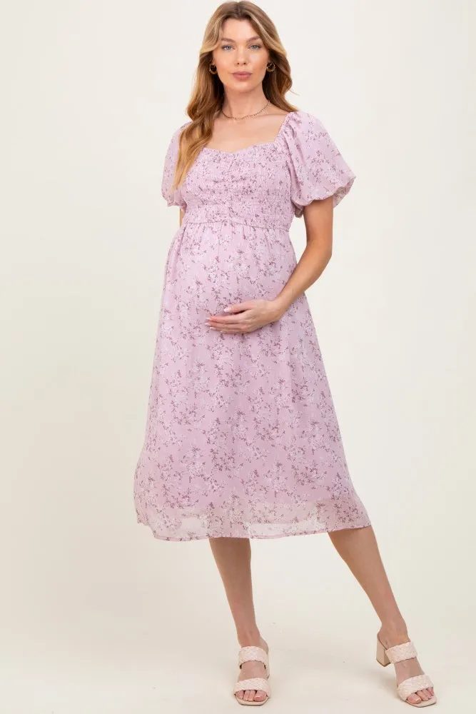 Lavender Floral Smocked Short Sleeve Maternity Midi Dress sold by Pinkblush product image thumbnail 2