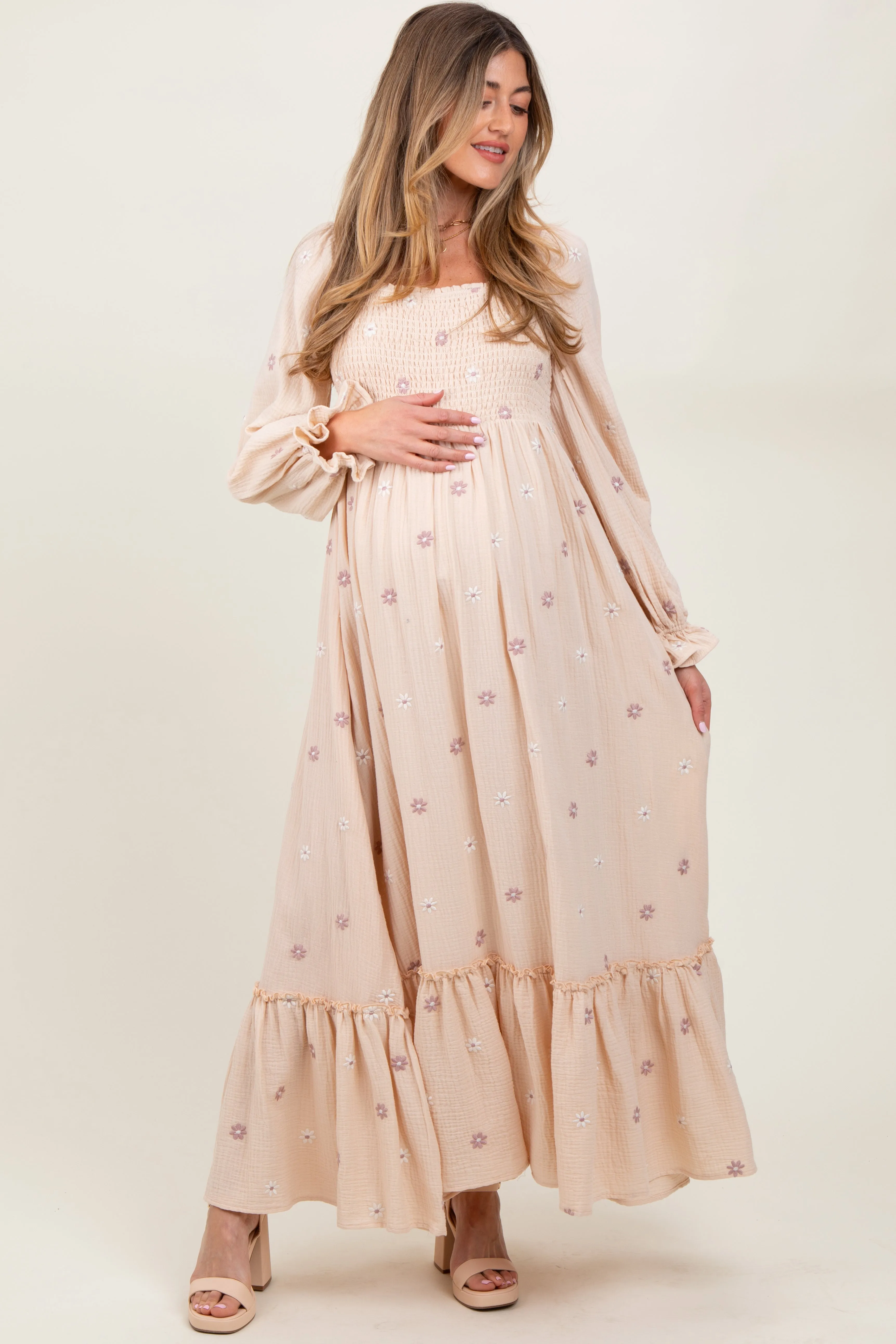 Cream Long Sleeve Floral Accent Maternity Dress sold by Pinkblush