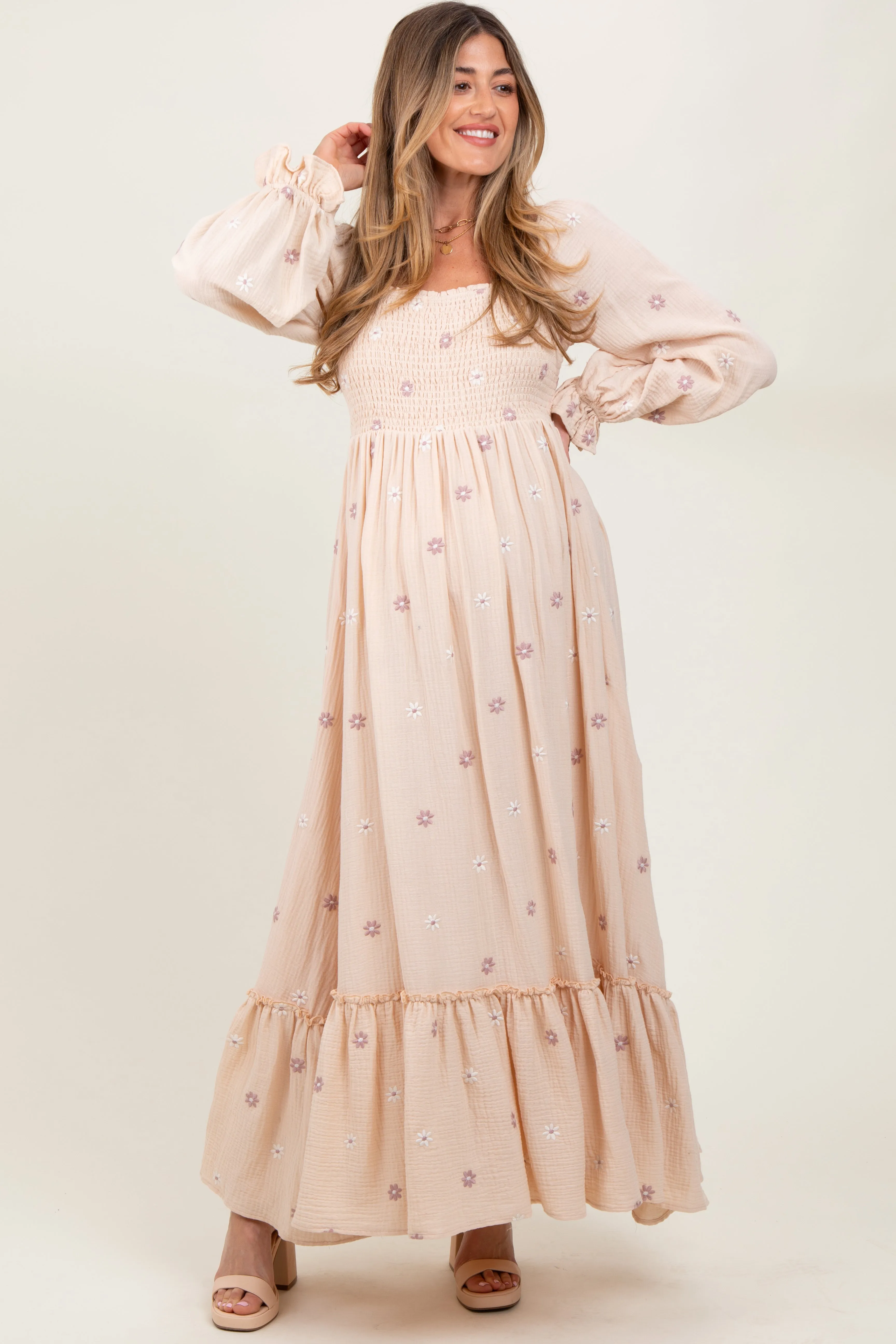 Cream Long Sleeve Floral Accent Maternity Dress sold by Pinkblush product image thumbnail 2