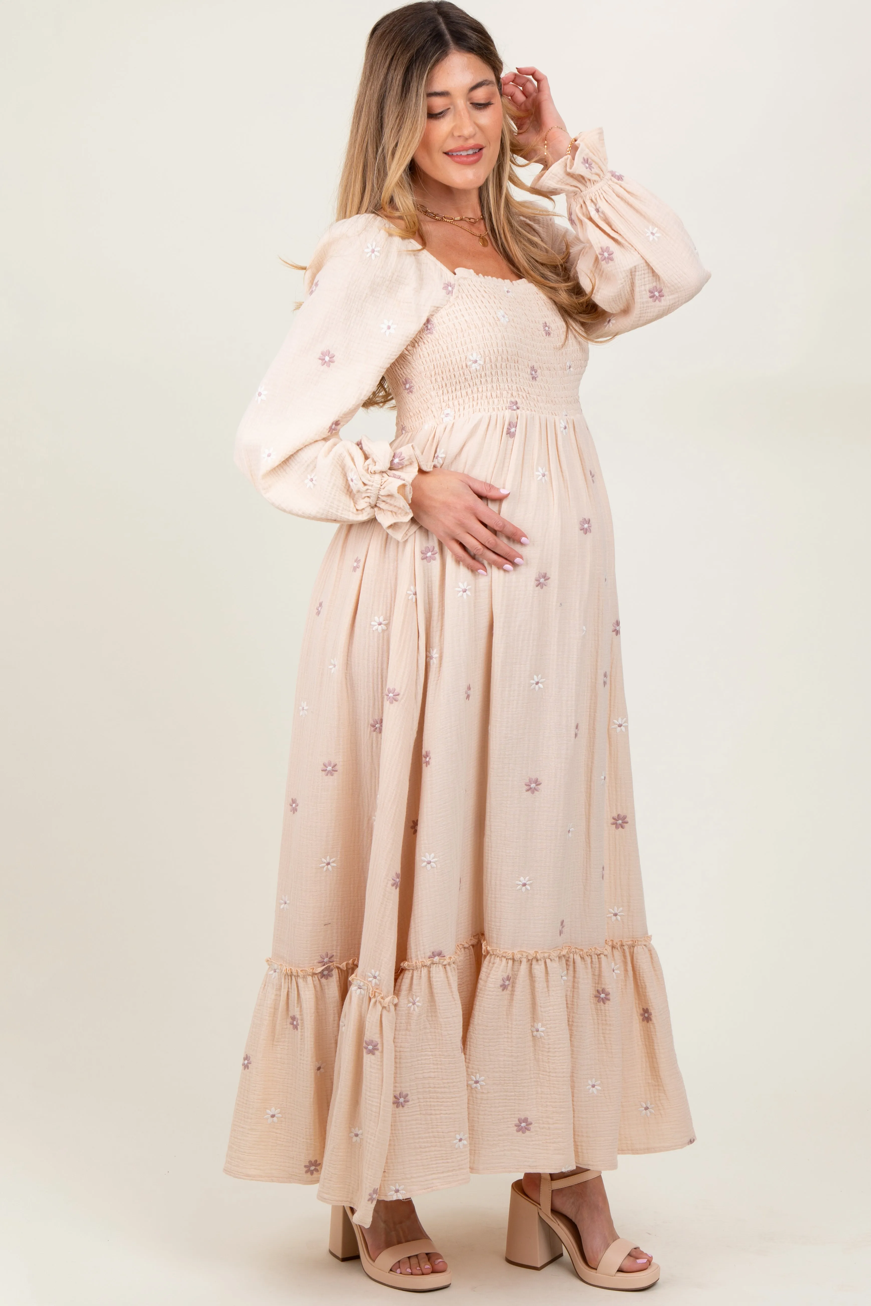 Cream Long Sleeve Floral Accent Maternity Dress sold by Pinkblush product image thumbnail 3