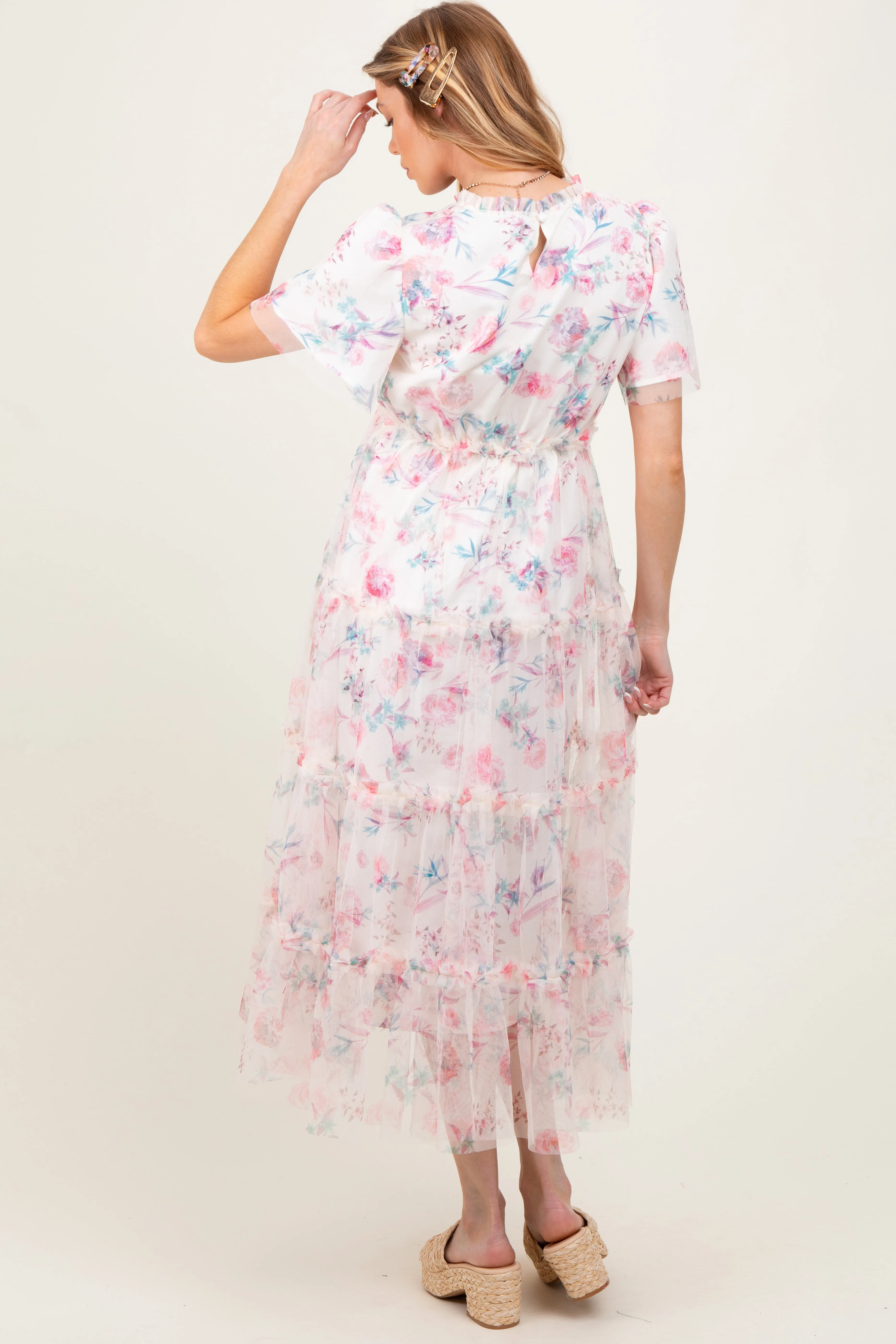 Ivory Floral Mesh Ruffle Tiered Maternity Midi Dress sold by Pinkblush product image thumbnail 4