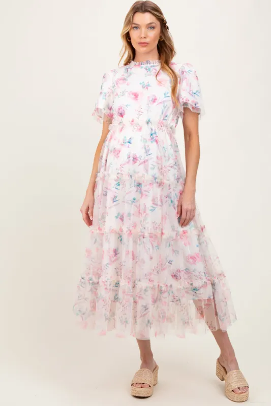 Ivory Floral Mesh Ruffle Tiered Maternity Midi Dress sold by Pinkblush