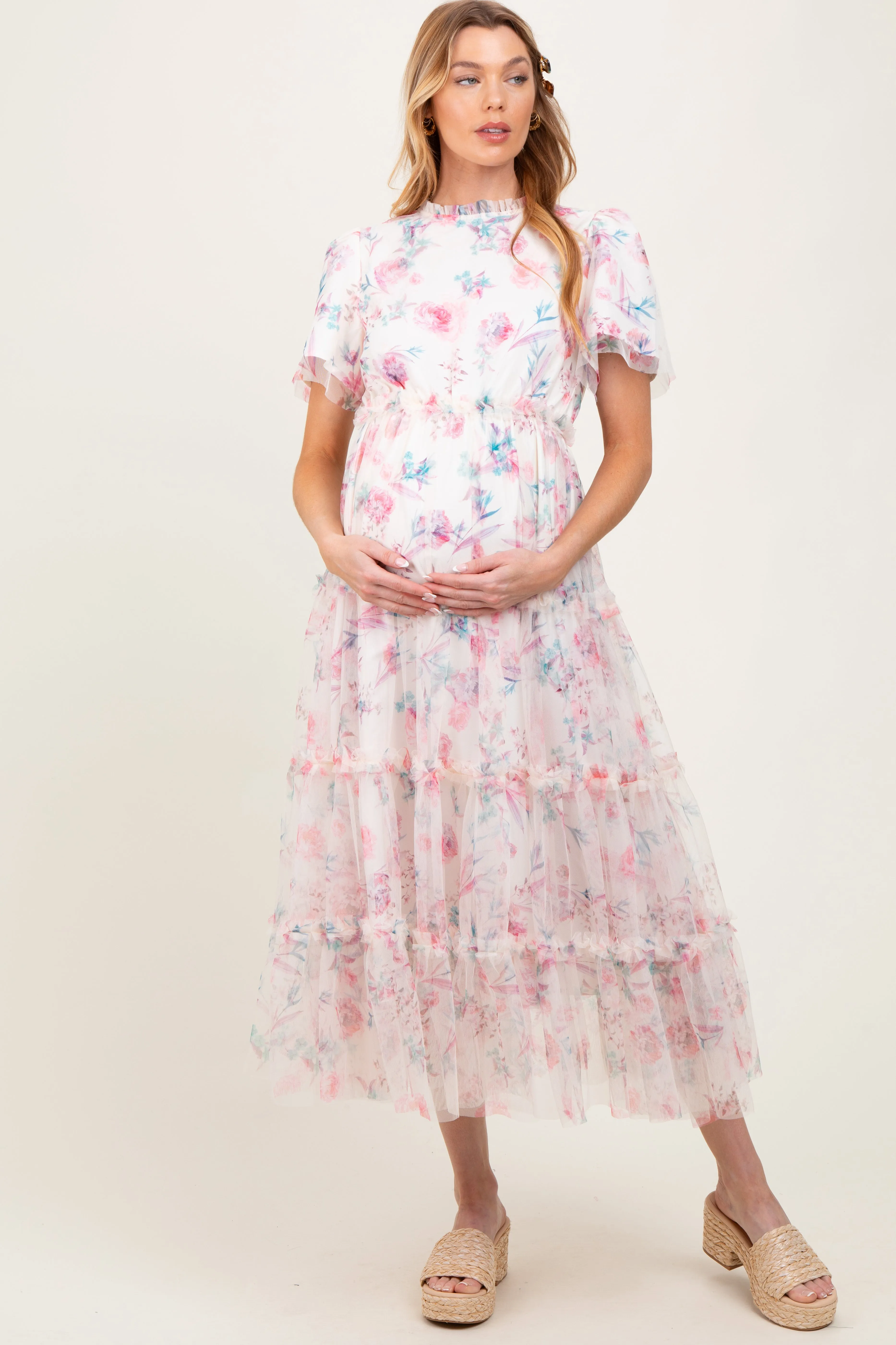 Ivory Floral Mesh Ruffle Tiered Maternity Midi Dress sold by Pinkblush product image thumbnail 2