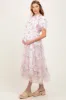 Ivory Floral Mesh Ruffle Tiered Maternity Midi Dress sold by Pinkblush
