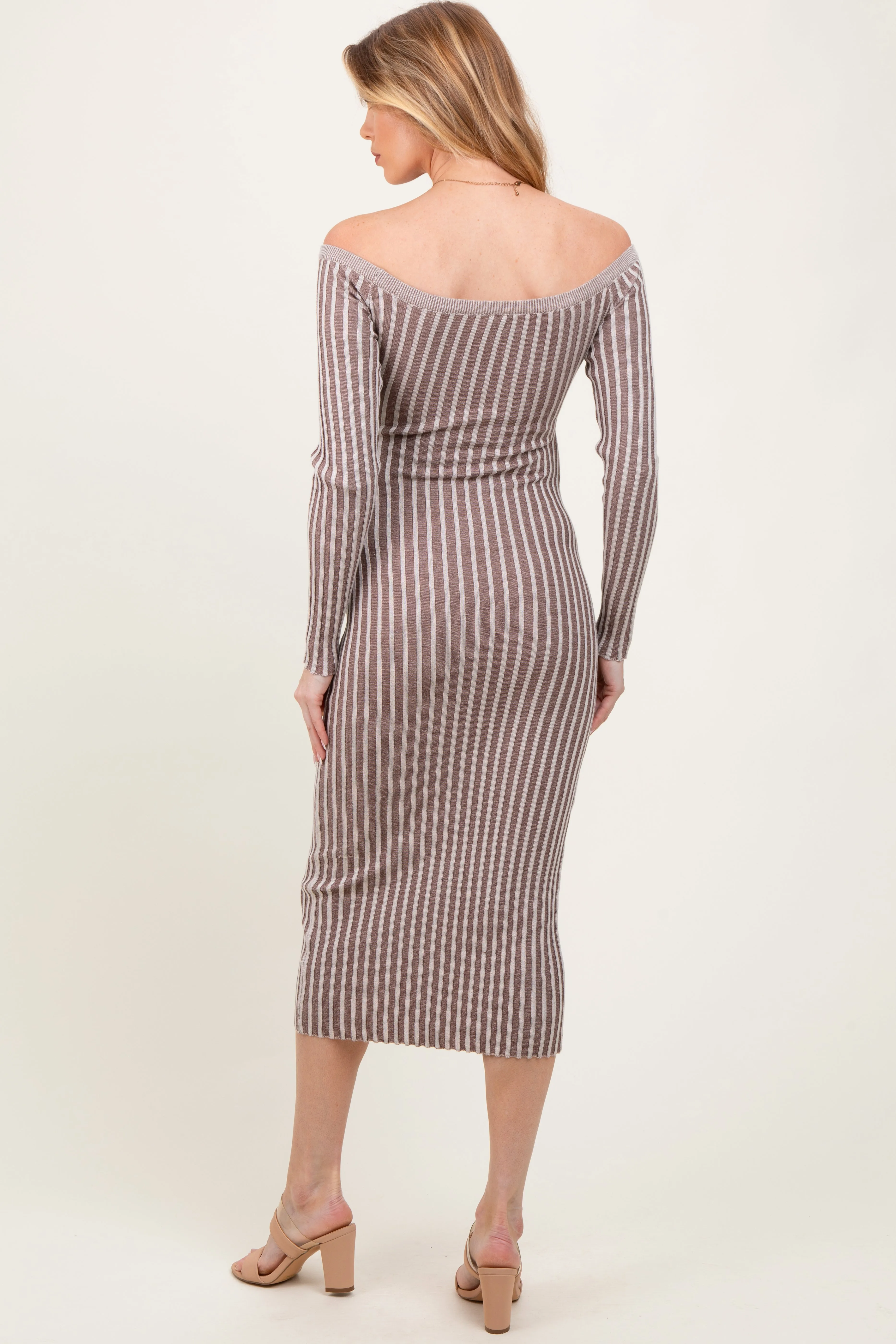 Taupe Striped Off Shoulder Maternity Midi Sweater Dress sold by Pinkblush product image thumbnail 3