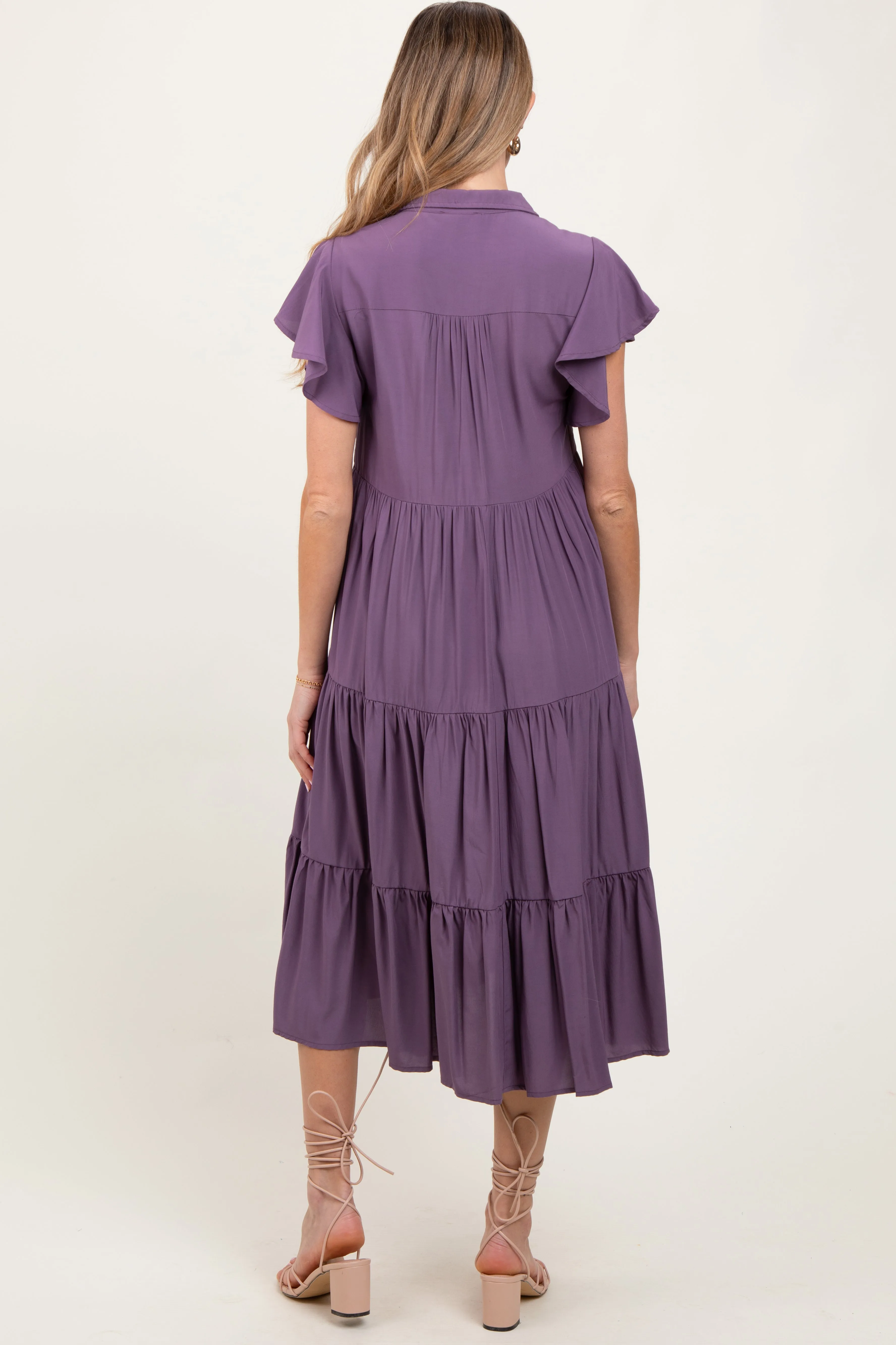 Plum Ruffle Sleeve V-Neck Tiered Maternity Midi Dress sold by Pinkblush product image thumbnail 4