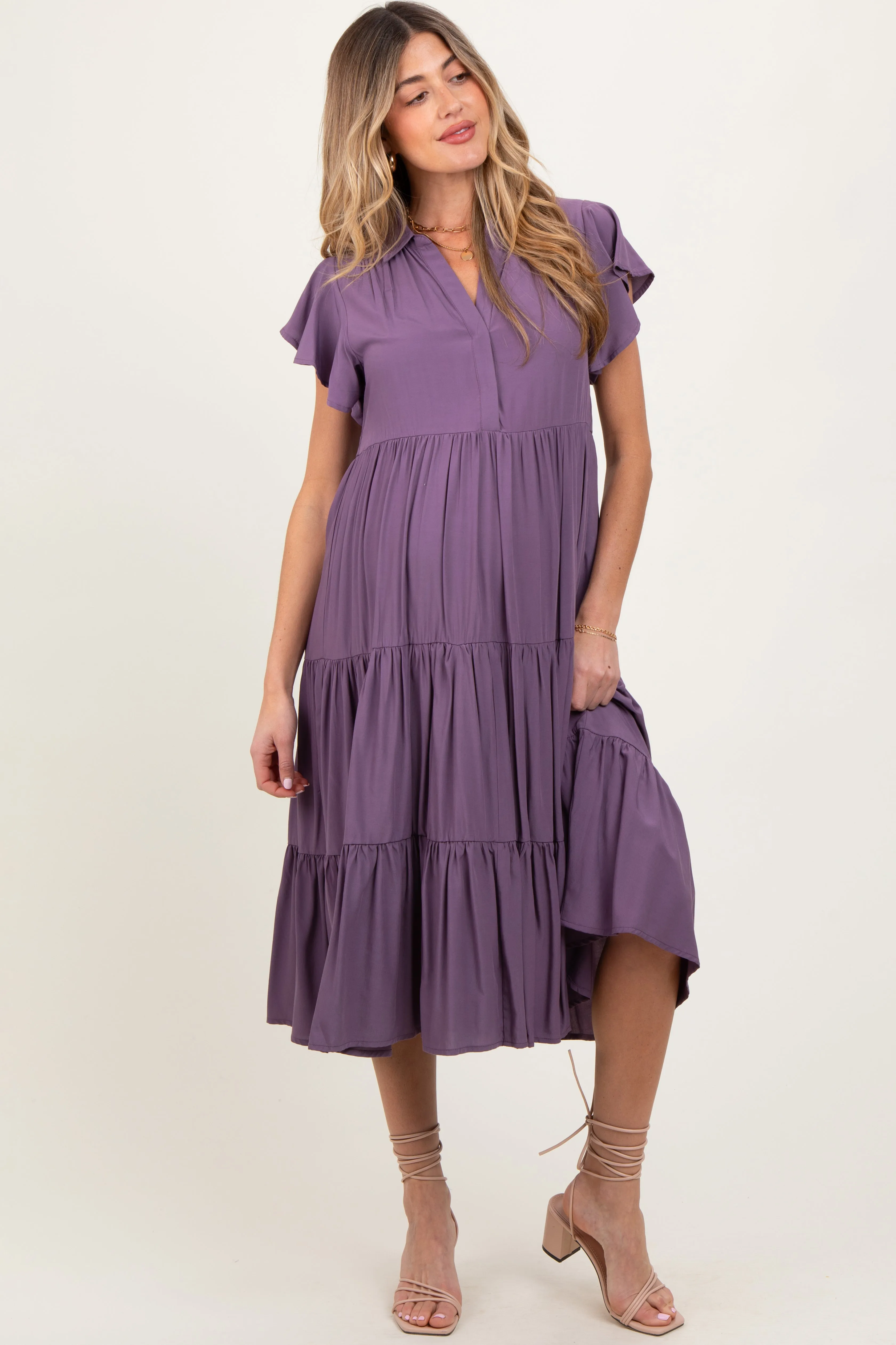 Plum Ruffle Sleeve V-Neck Tiered Maternity Midi Dress sold by Pinkblush