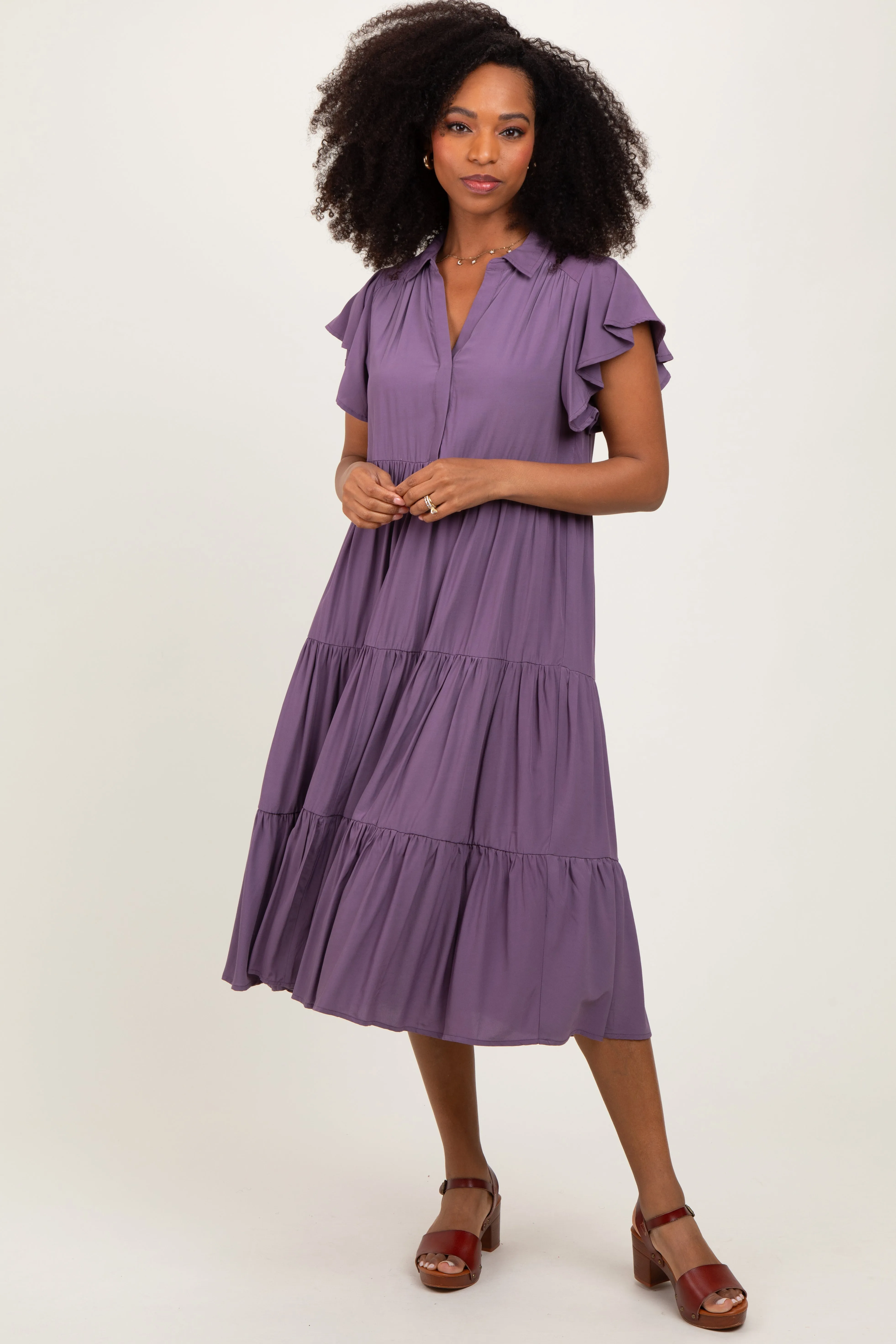 Plum Ruffle Sleeve V-Neck Tiered Maternity Midi Dress sold by Pinkblush product image thumbnail 5