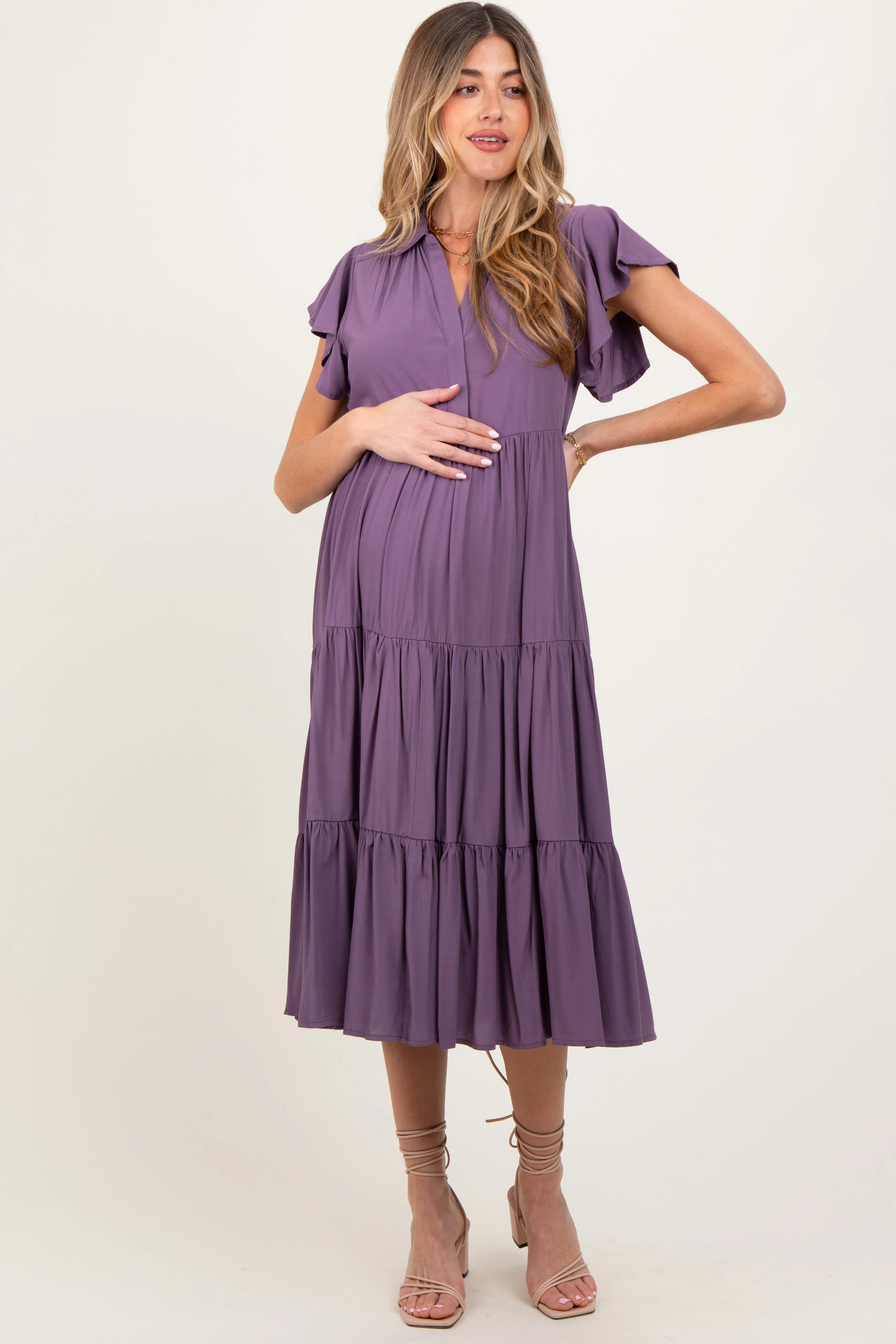 Plum Ruffle Sleeve V-Neck Tiered Maternity Midi Dress sold by Pinkblush product image thumbnail 2