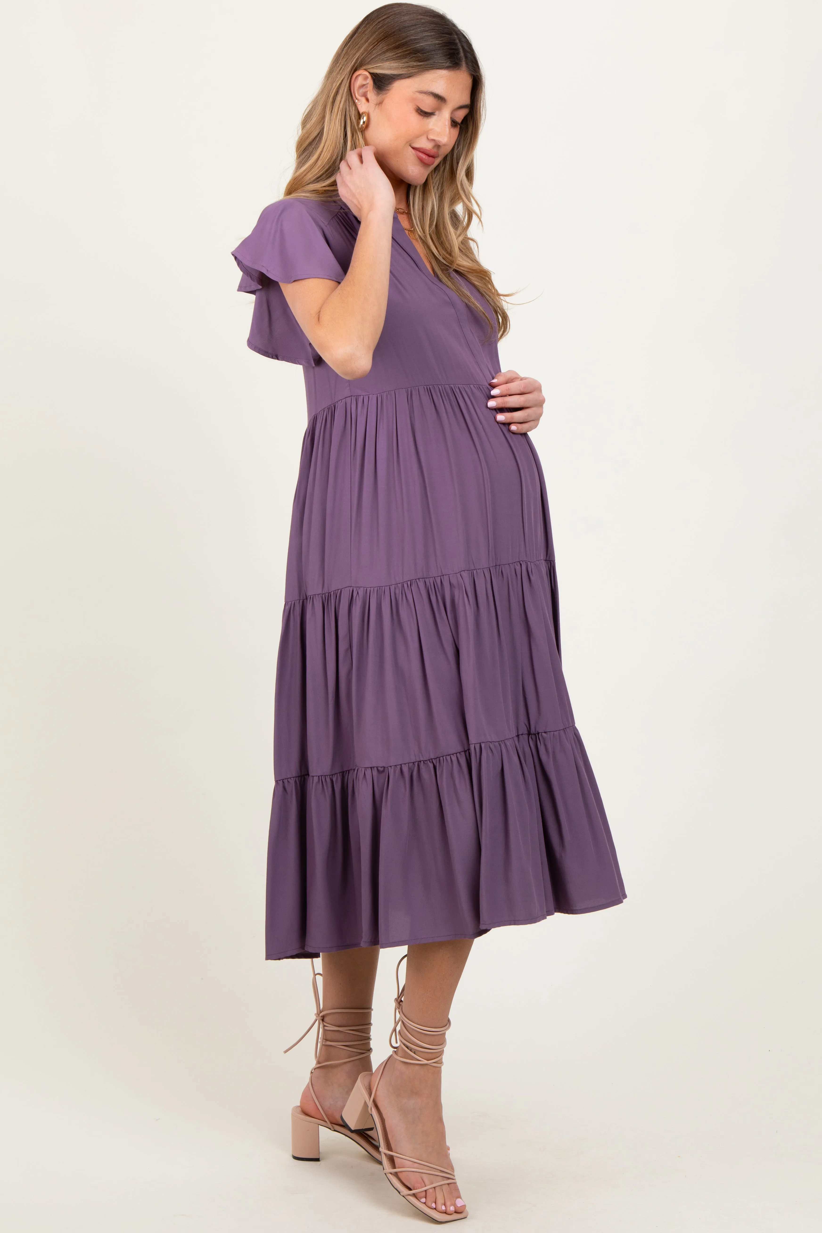 Plum Ruffle Sleeve V-Neck Tiered Maternity Midi Dress sold by Pinkblush product image thumbnail 3