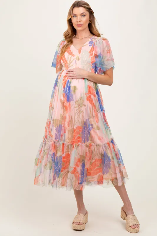 Peach Leaf Print Smocked Mesh Overlay Maternity Dress made by Pinkblush