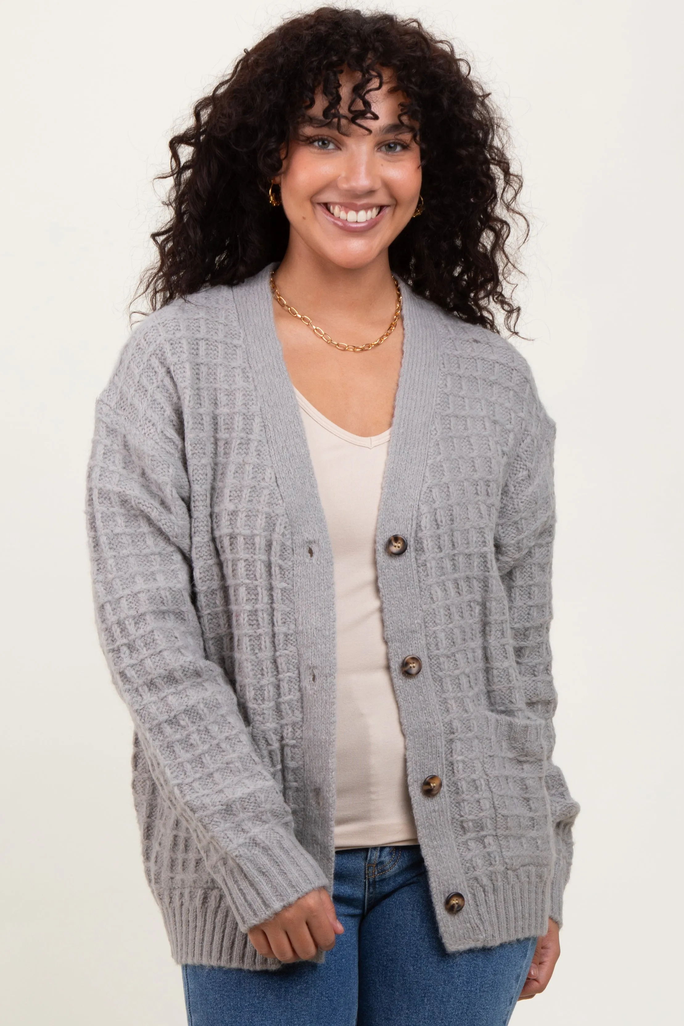 Heather Grey Waffle Knit Button Up Cardigan sold by Pinkblush