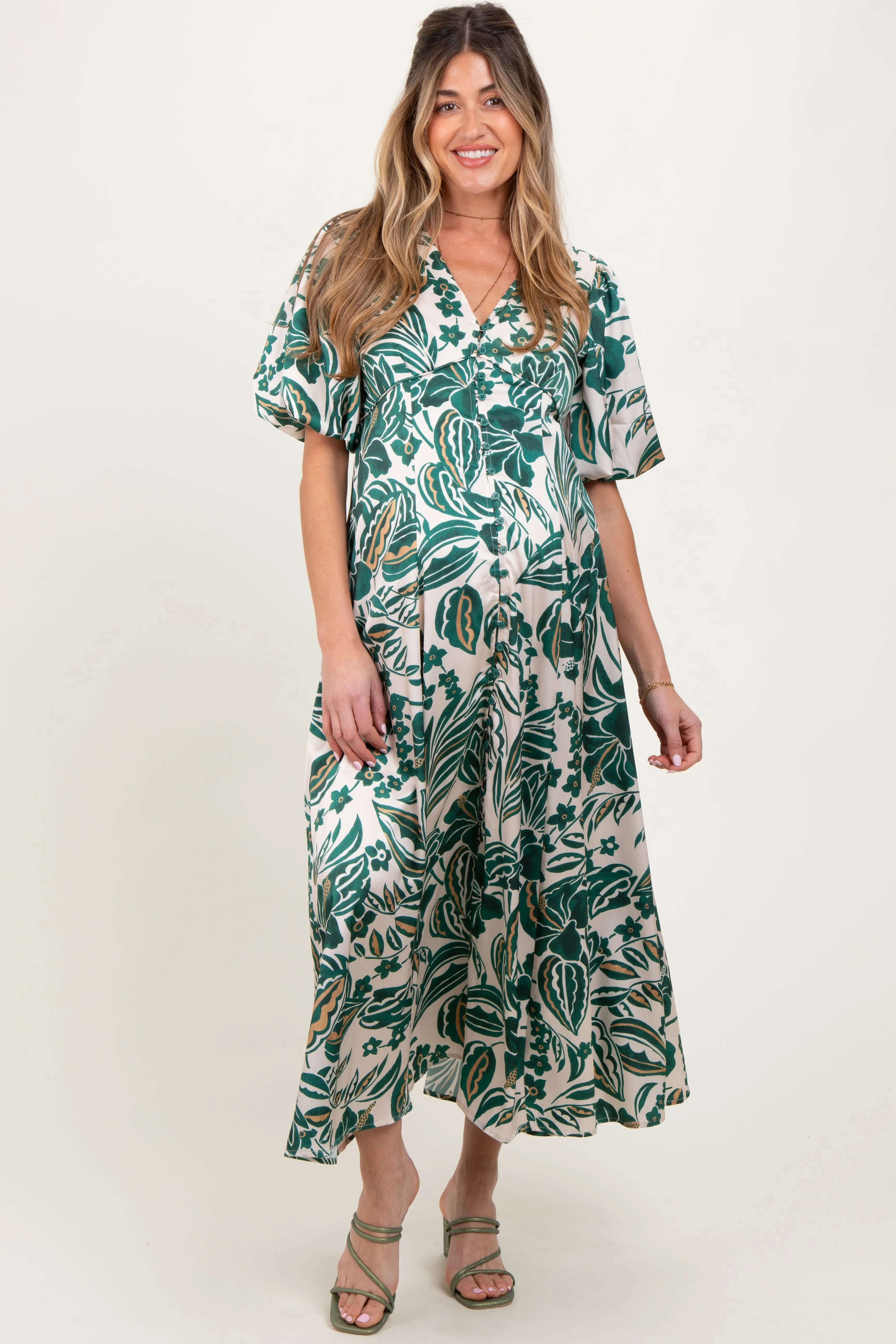Green Palm Resort Print Satin Floral Button Maternity Maxi Dress sold by Pinkblush product image thumbnail 2
