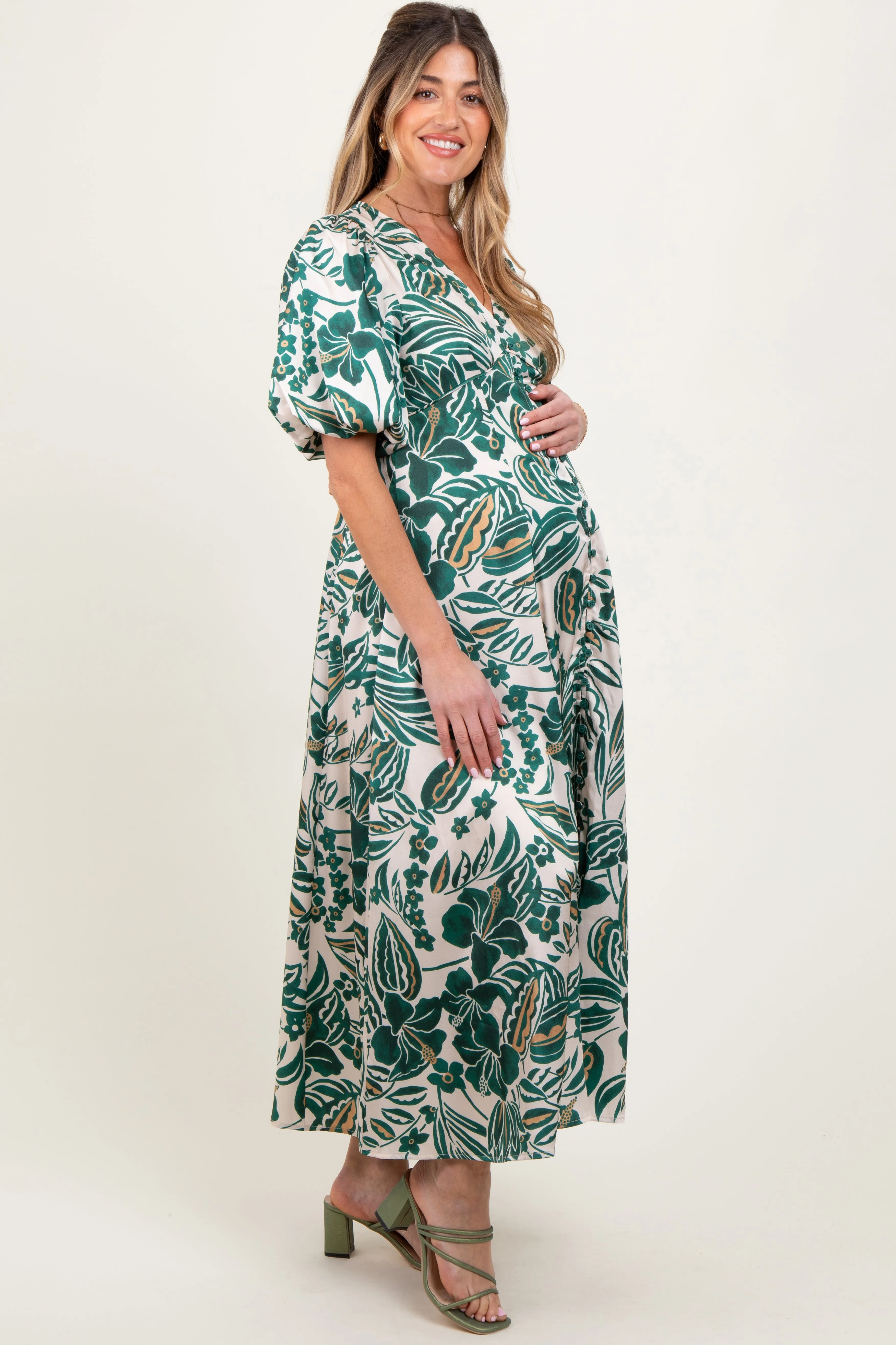 Green Palm Resort Print Satin Floral Button Maternity Maxi Dress sold by Pinkblush product image thumbnail 3