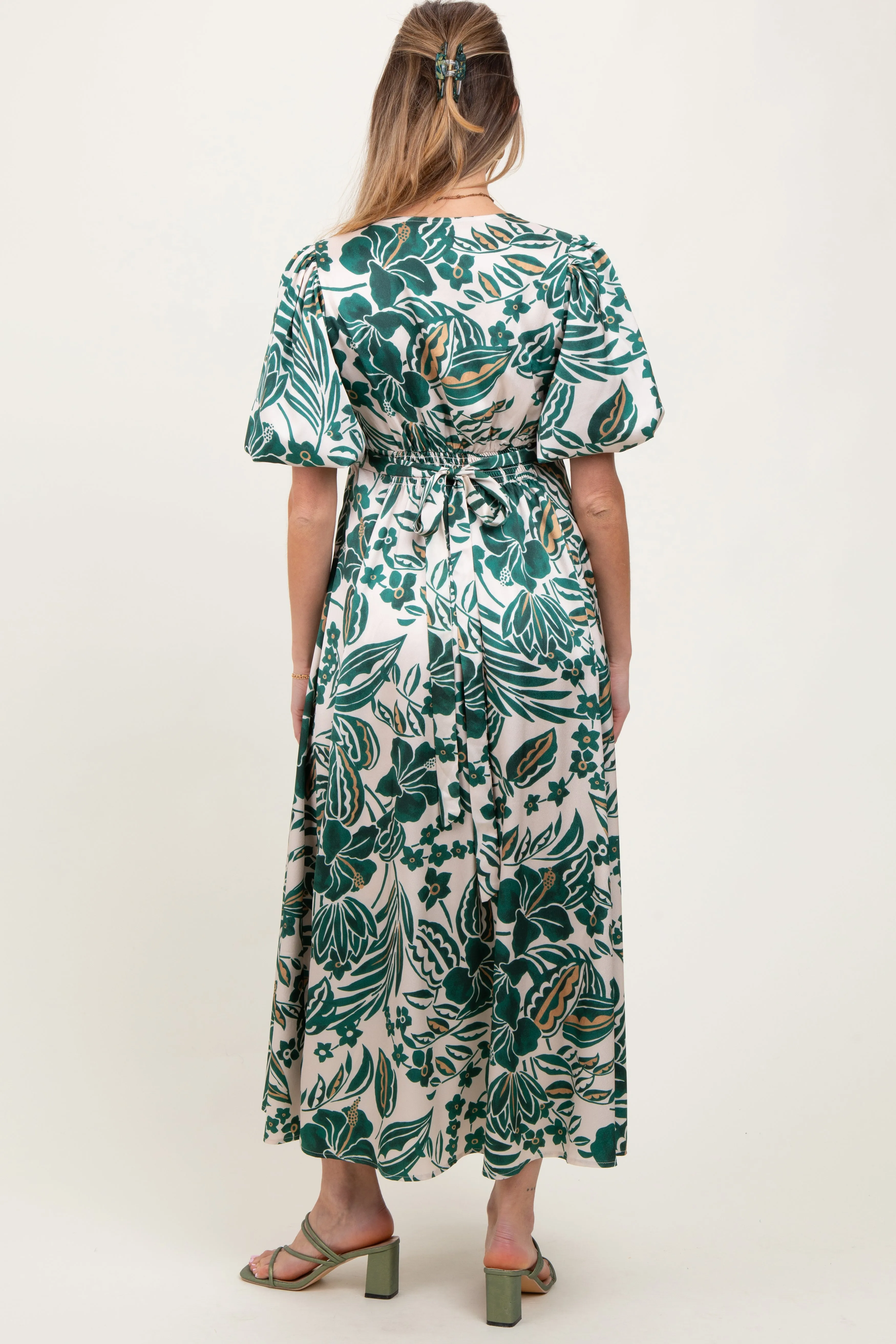 Green Palm Resort Print Satin Floral Button Maternity Maxi Dress sold by Pinkblush product image thumbnail 4