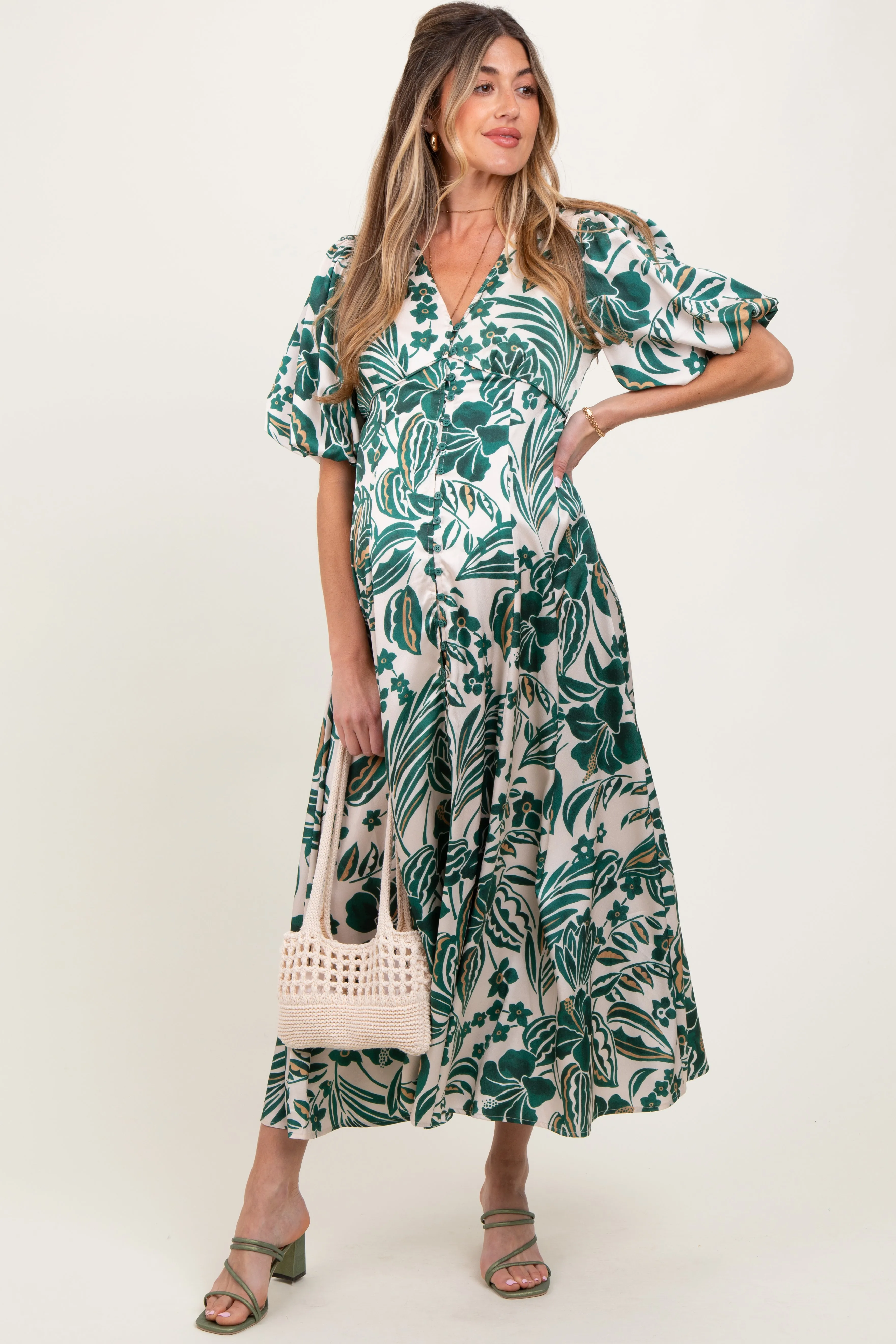Green Palm Resort Print Satin Floral Button Maternity Maxi Dress sold by Pinkblush