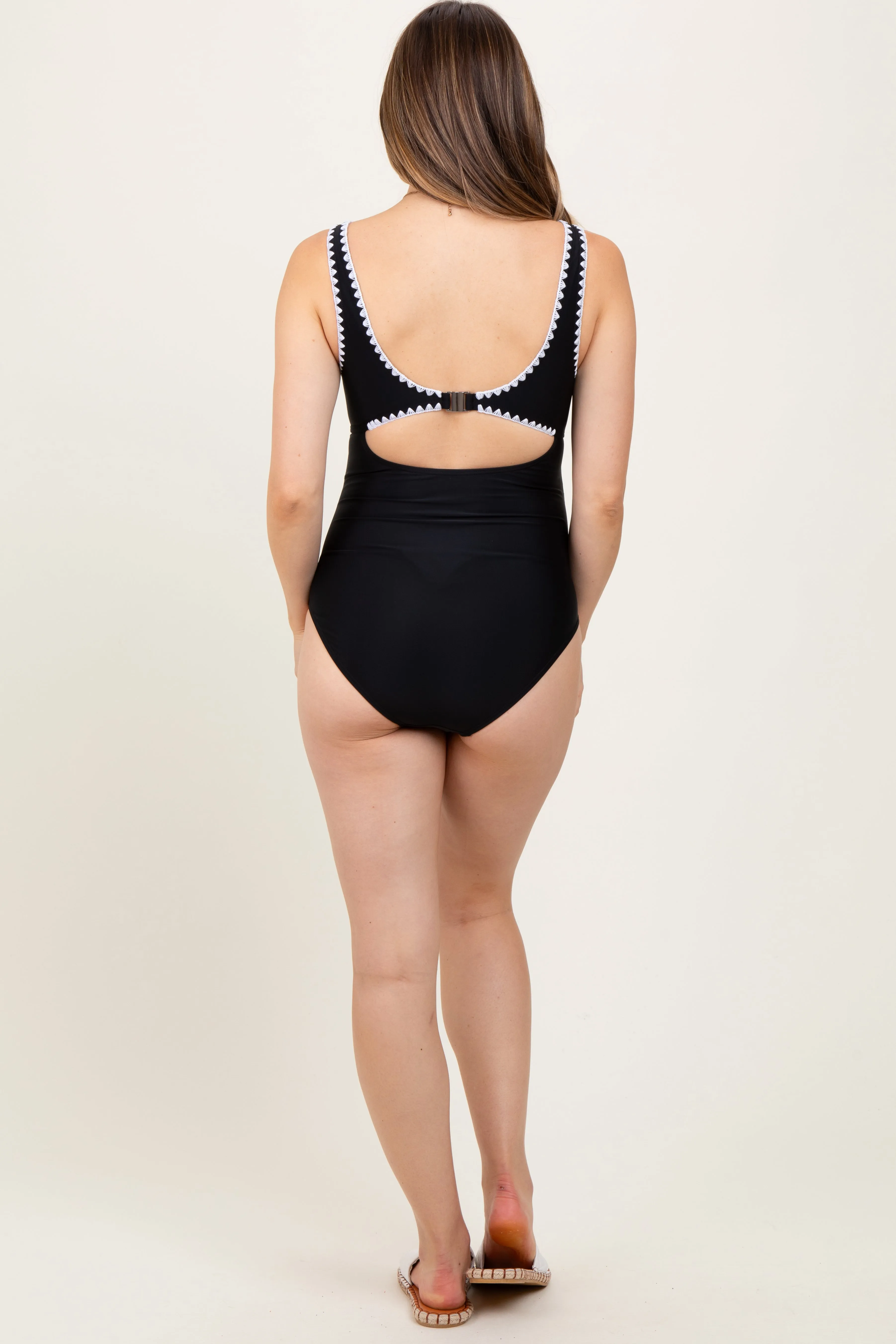 Black Embroidered Trim Back Cutout One Piece Maternity Swimsuit sold by Pinkblush product image thumbnail 4