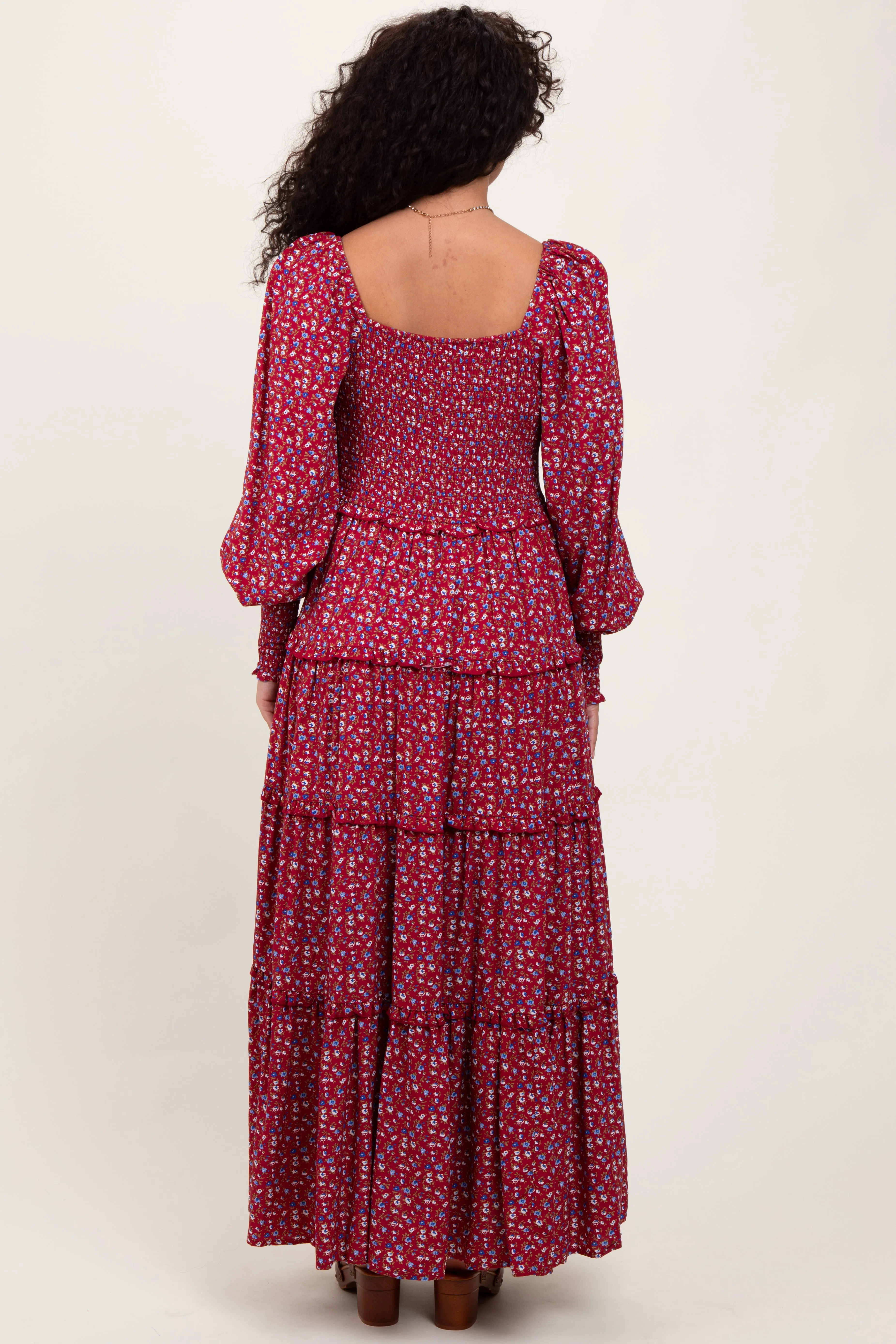 Burgundy Floral Button Accent Bodice Tiered Maxi Dress sold by Pinkblush product image thumbnail 3