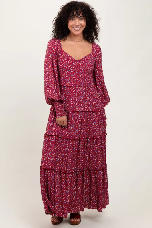 Burgundy Floral Button Accent Bodice Tiered Maxi Dress sold by Pinkblush