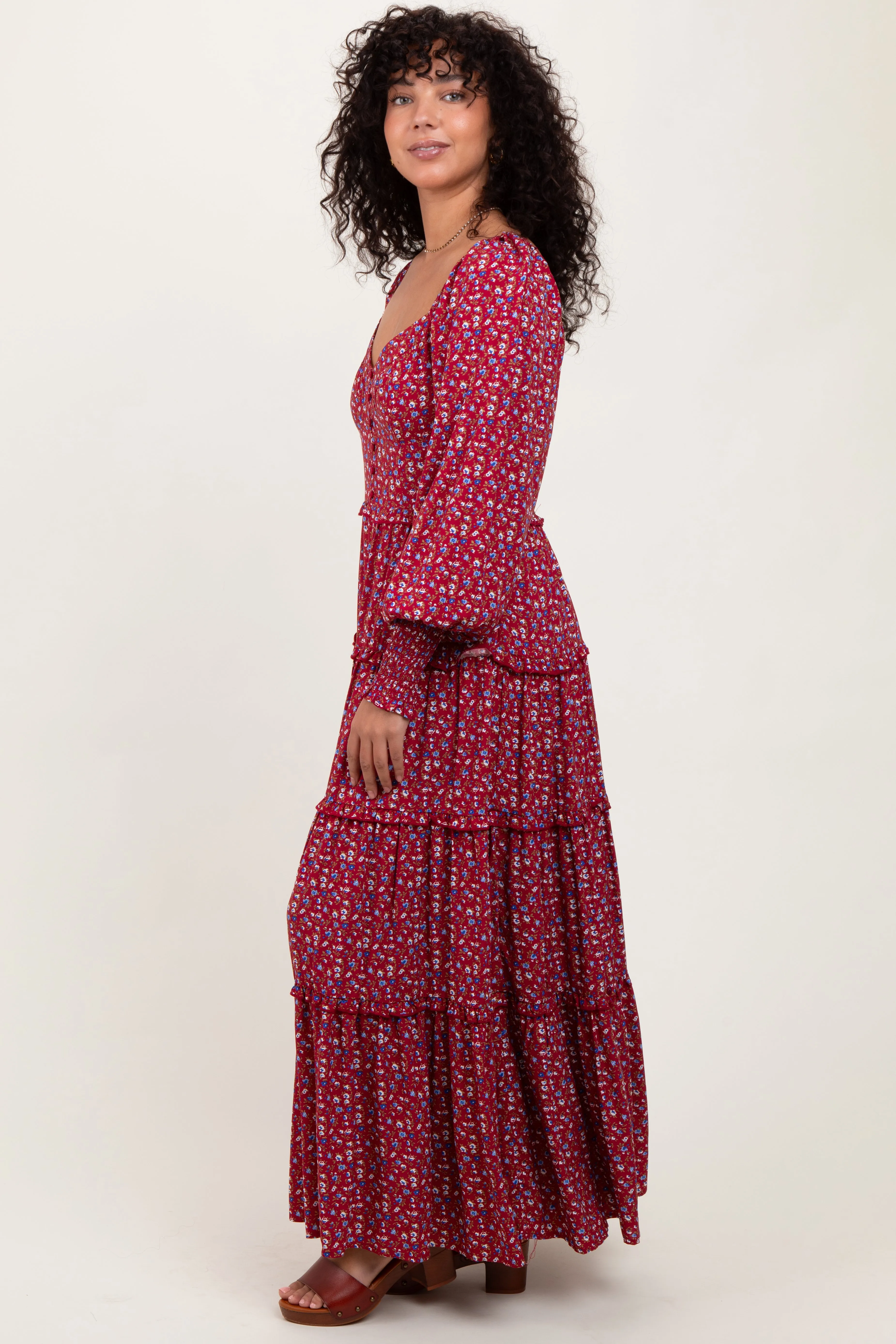 Burgundy Floral Button Accent Bodice Tiered Maxi Dress sold by Pinkblush product image thumbnail 2