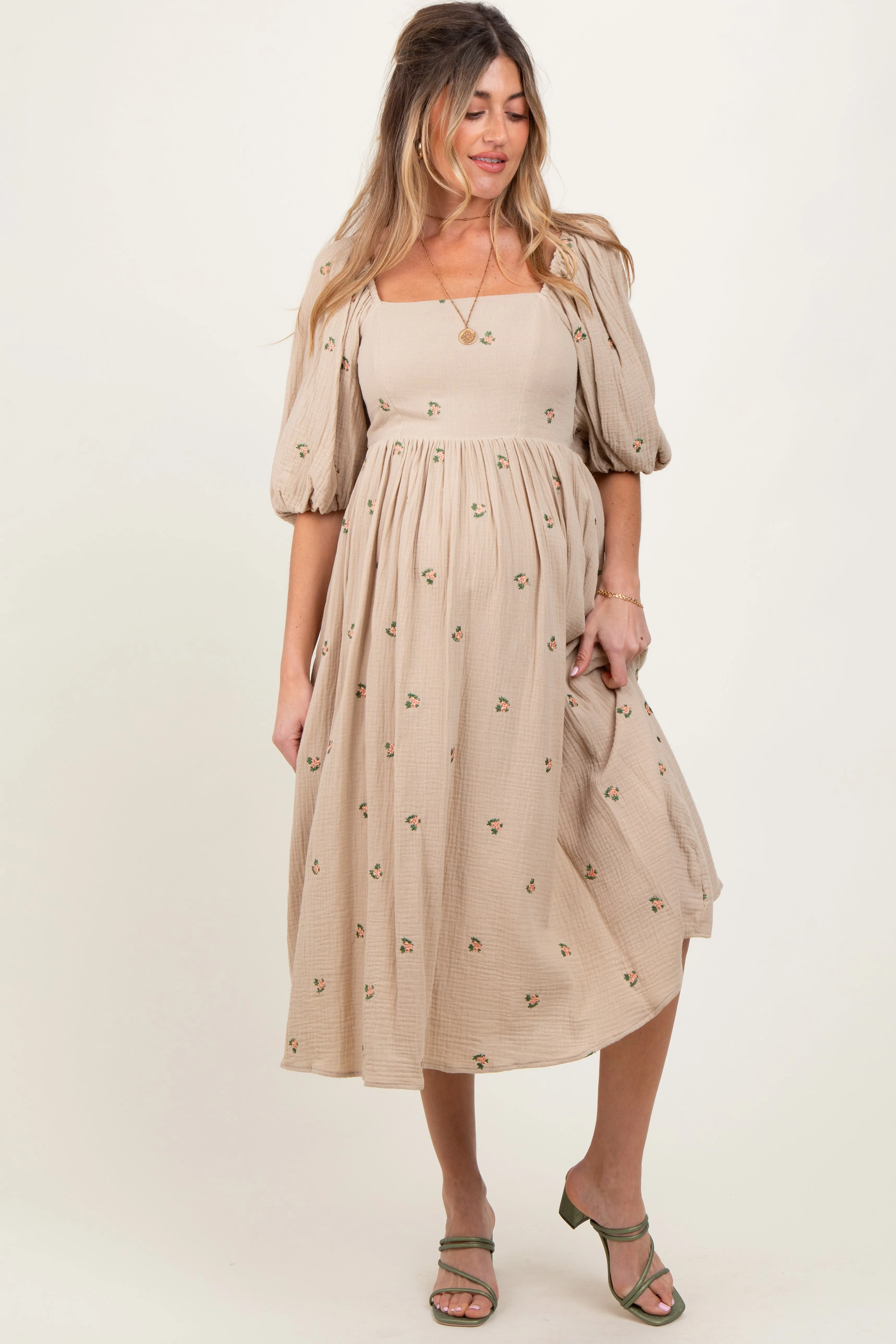 Taupe Floral Maternity Midi Dress sold by Pinkblush