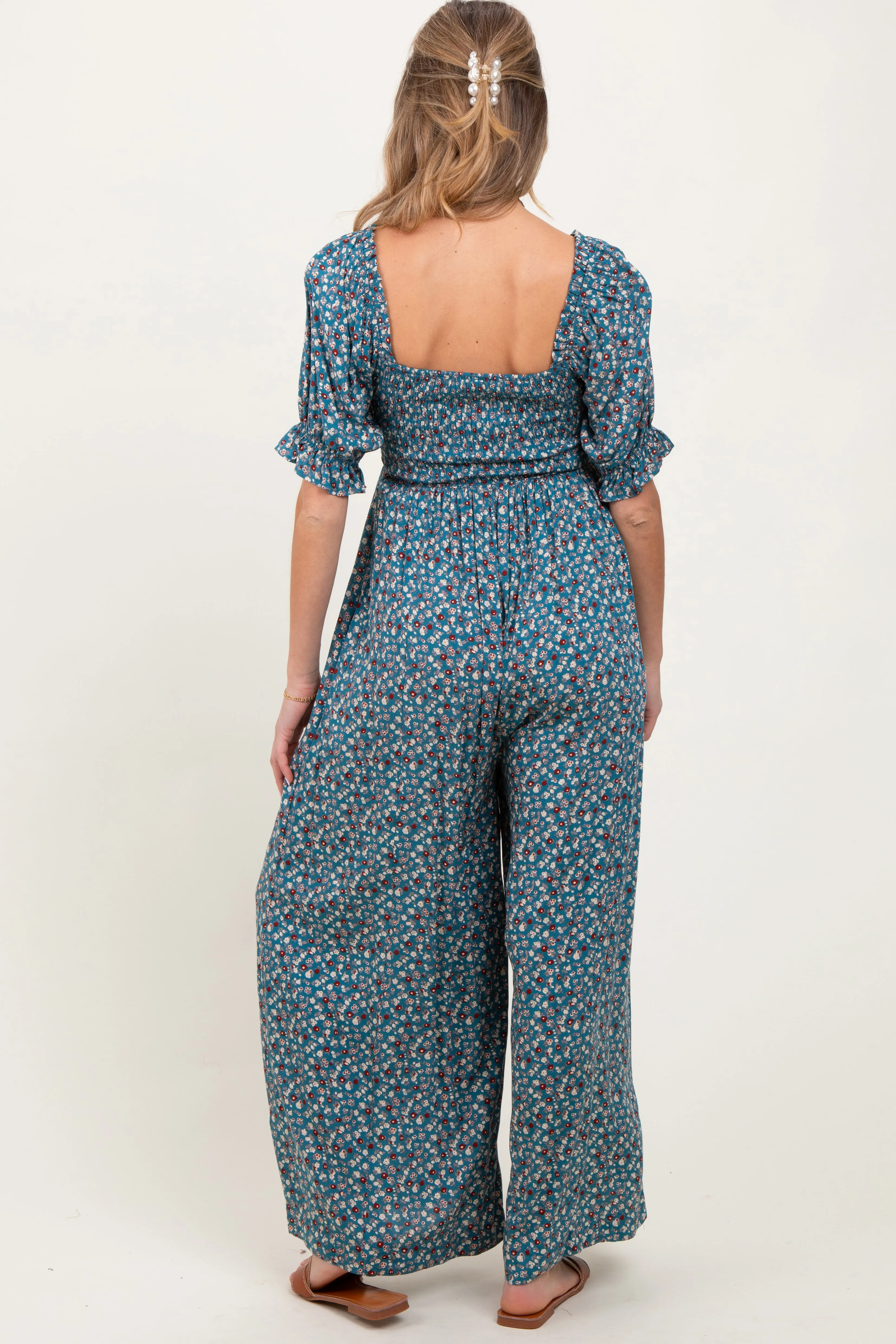 Teal Floral Smocked Puff Sleeve Maternity Jumpsuit sold by Pinkblush product image thumbnail 4