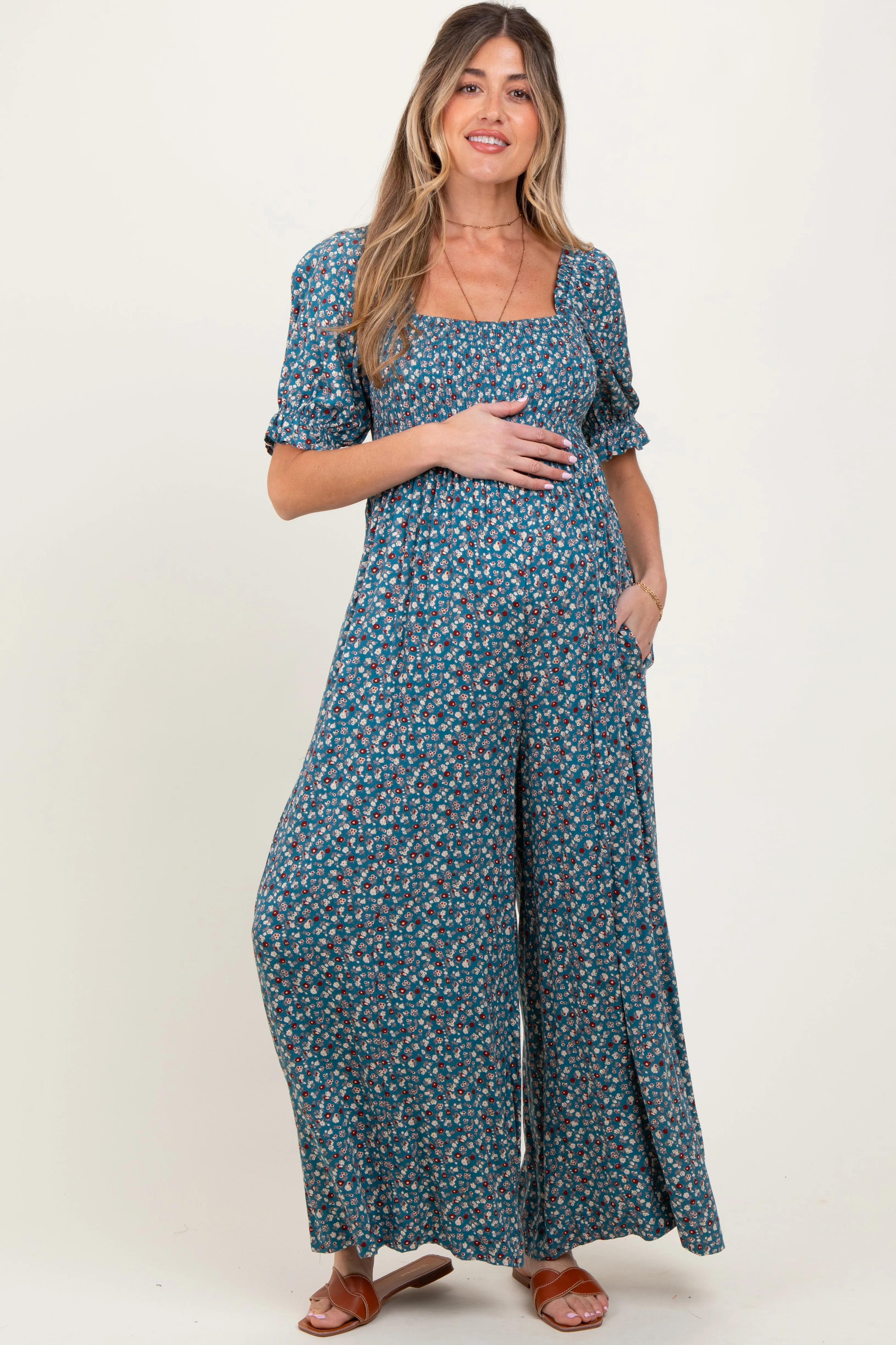 Teal Floral Smocked Puff Sleeve Maternity Jumpsuit sold by Pinkblush
