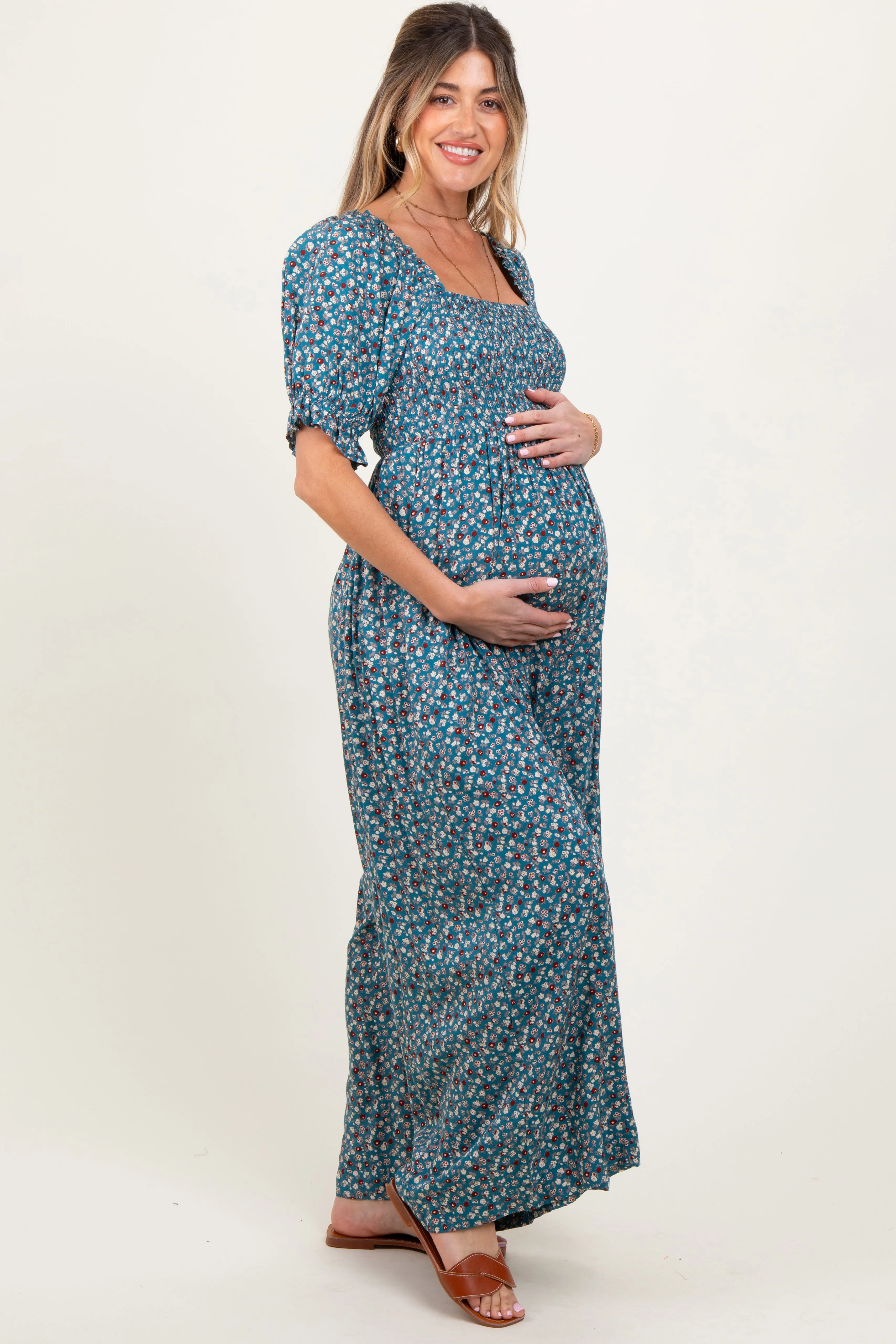 Teal Floral Smocked Puff Sleeve Maternity Jumpsuit sold by Pinkblush product image thumbnail 3