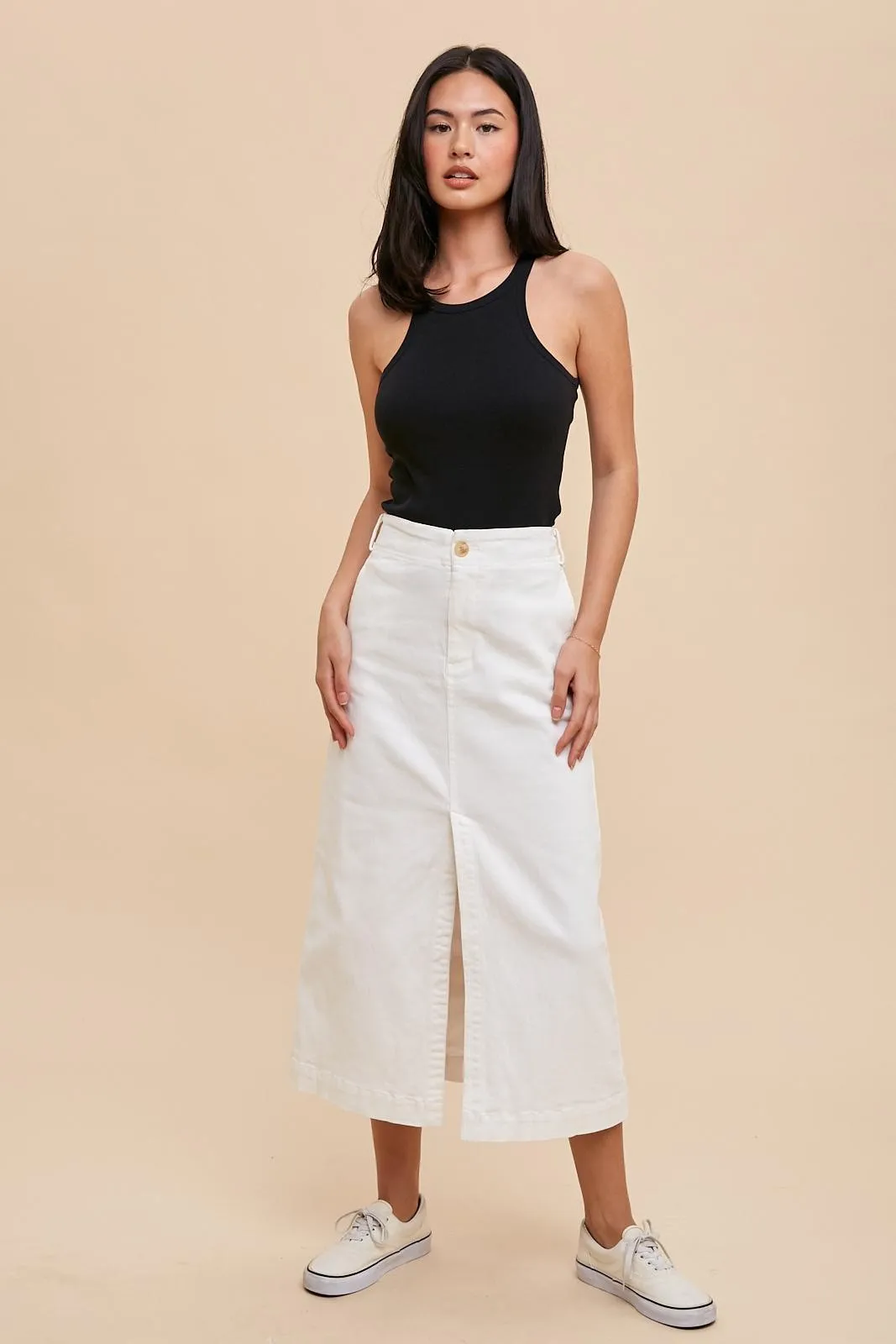 Off White Stretch Twill Pencil Skirt sold by Pinkblush