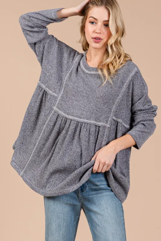 Charcoal Ribbed Brushed Knit Oversized Long Sleeve Top sold by Pinkblush