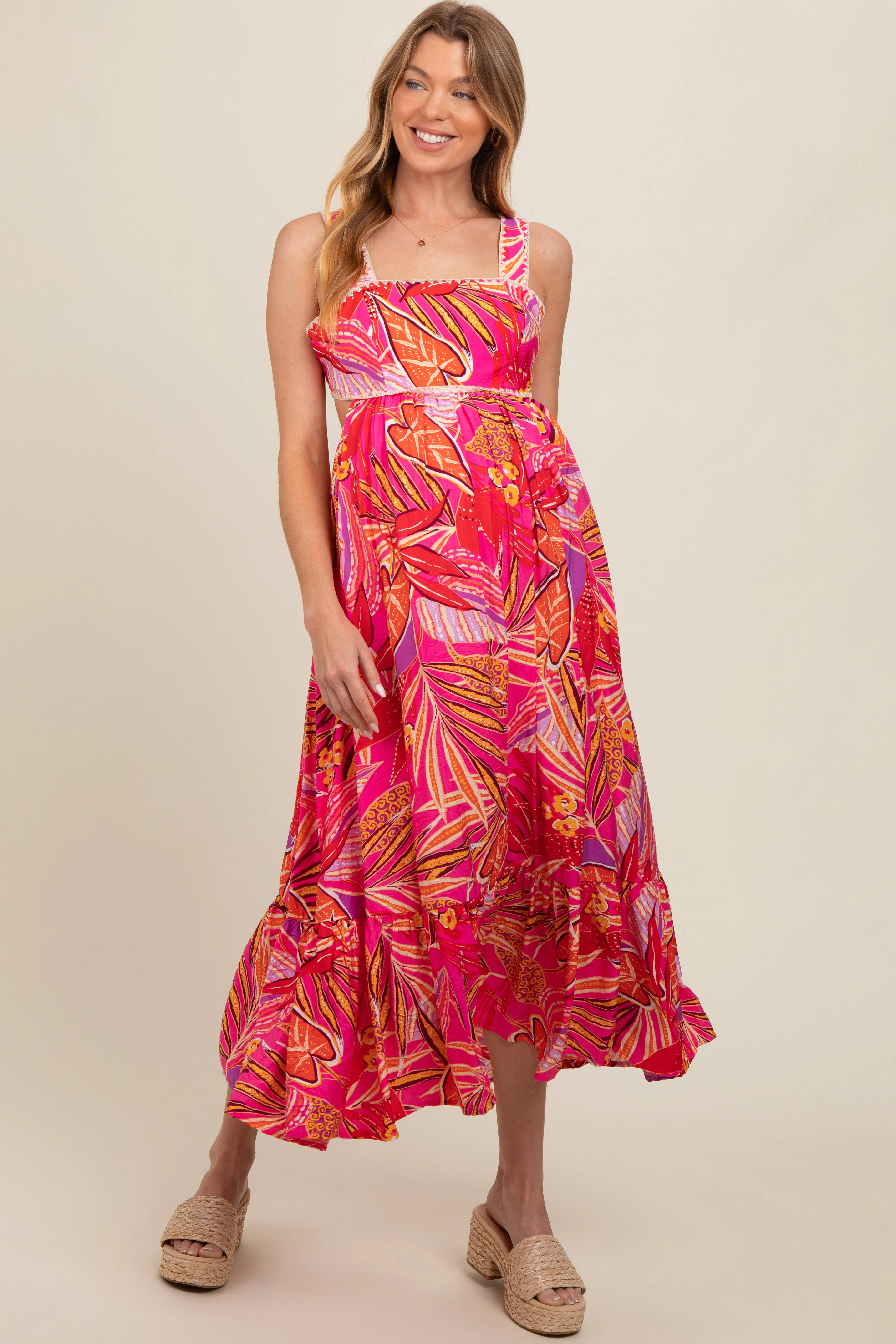 Fuchsia Tropical Back Tie Cutout Maternity Maxi Dress sold by Pinkblush product image thumbnail 3