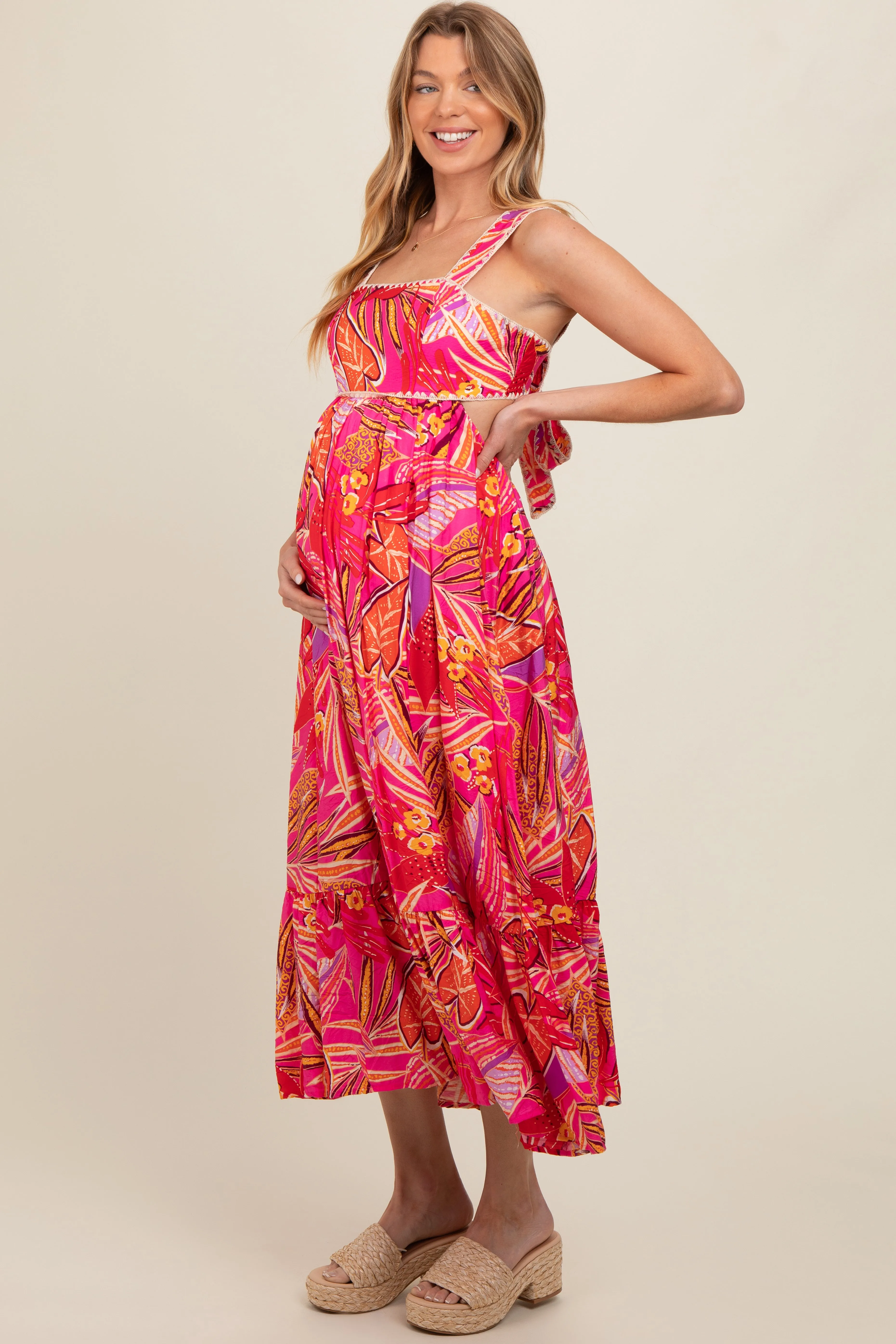 Fuchsia Tropical Back Tie Cutout Maternity Maxi Dress sold by Pinkblush