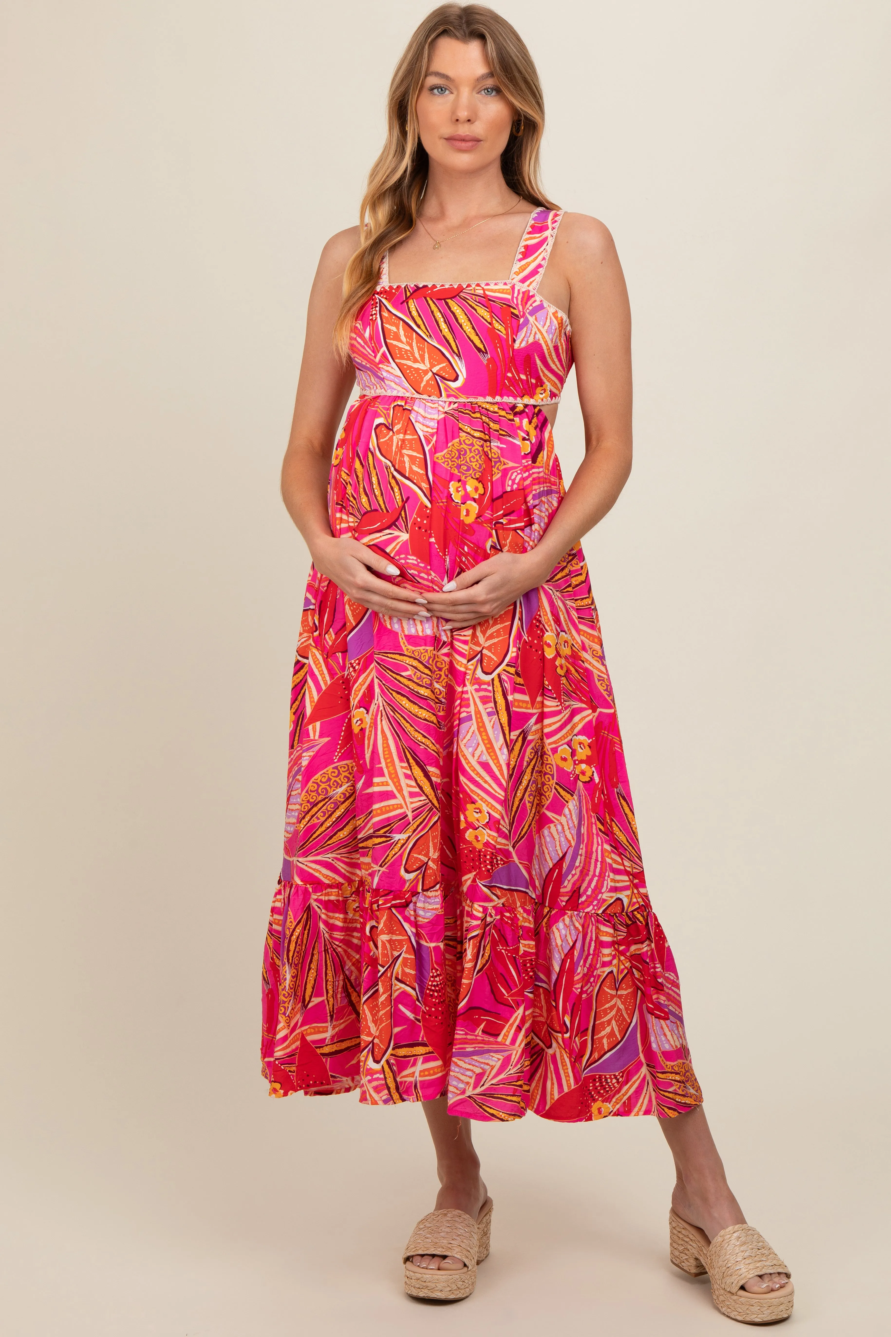 Fuchsia Tropical Back Tie Cutout Maternity Maxi Dress sold by Pinkblush product image thumbnail 2